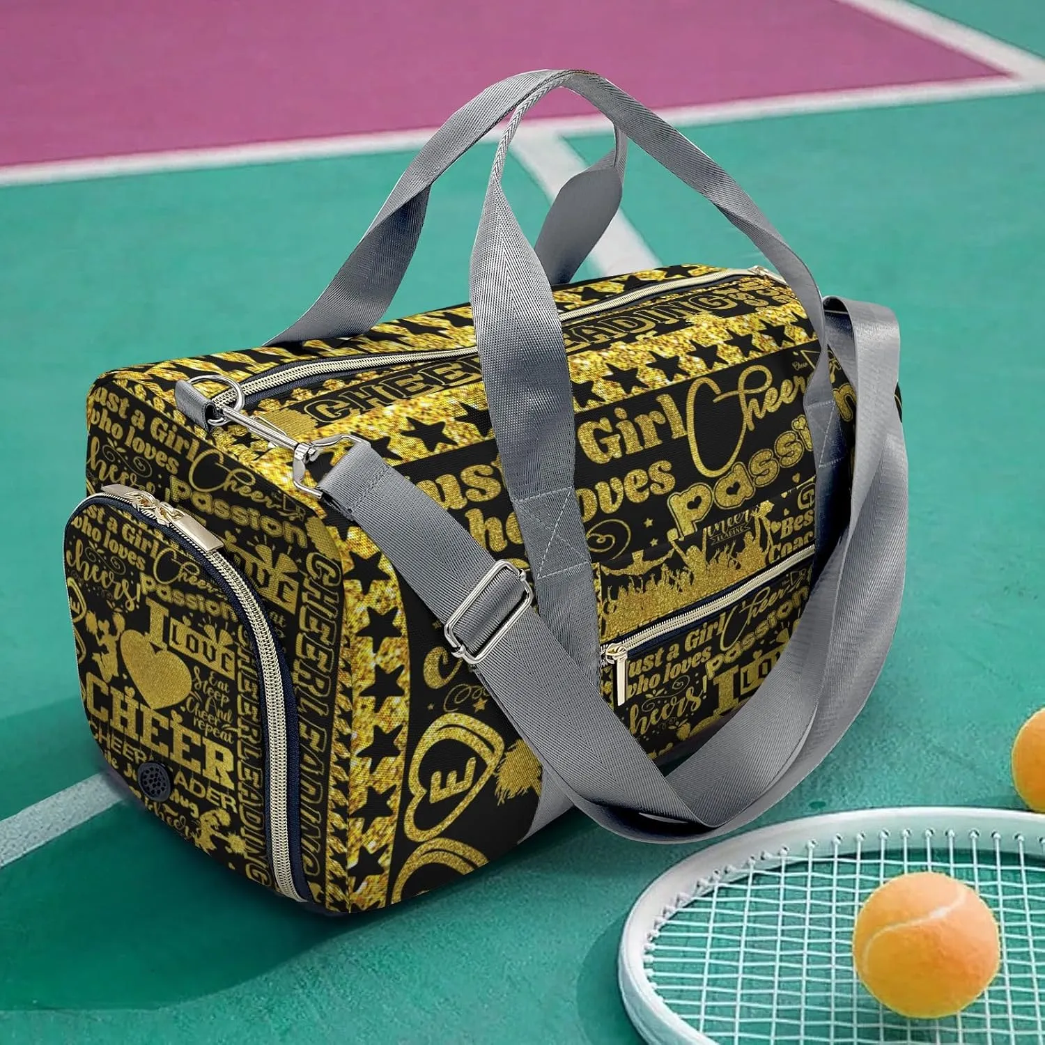 Golden Cheerleader Glitter Print Waterproof Duffel Bag Gym Dance Sport Perform Training Travel Bag for Boys Girls Teens Women Men