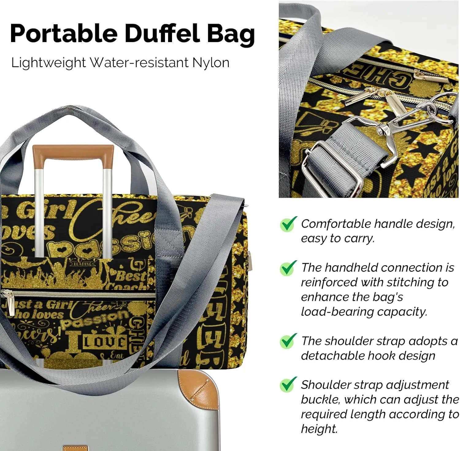Golden Cheerleader Glitter Print Waterproof Duffel Bag Gym Dance Sport Perform Training Travel Bag for Boys Girls Teens Women Men