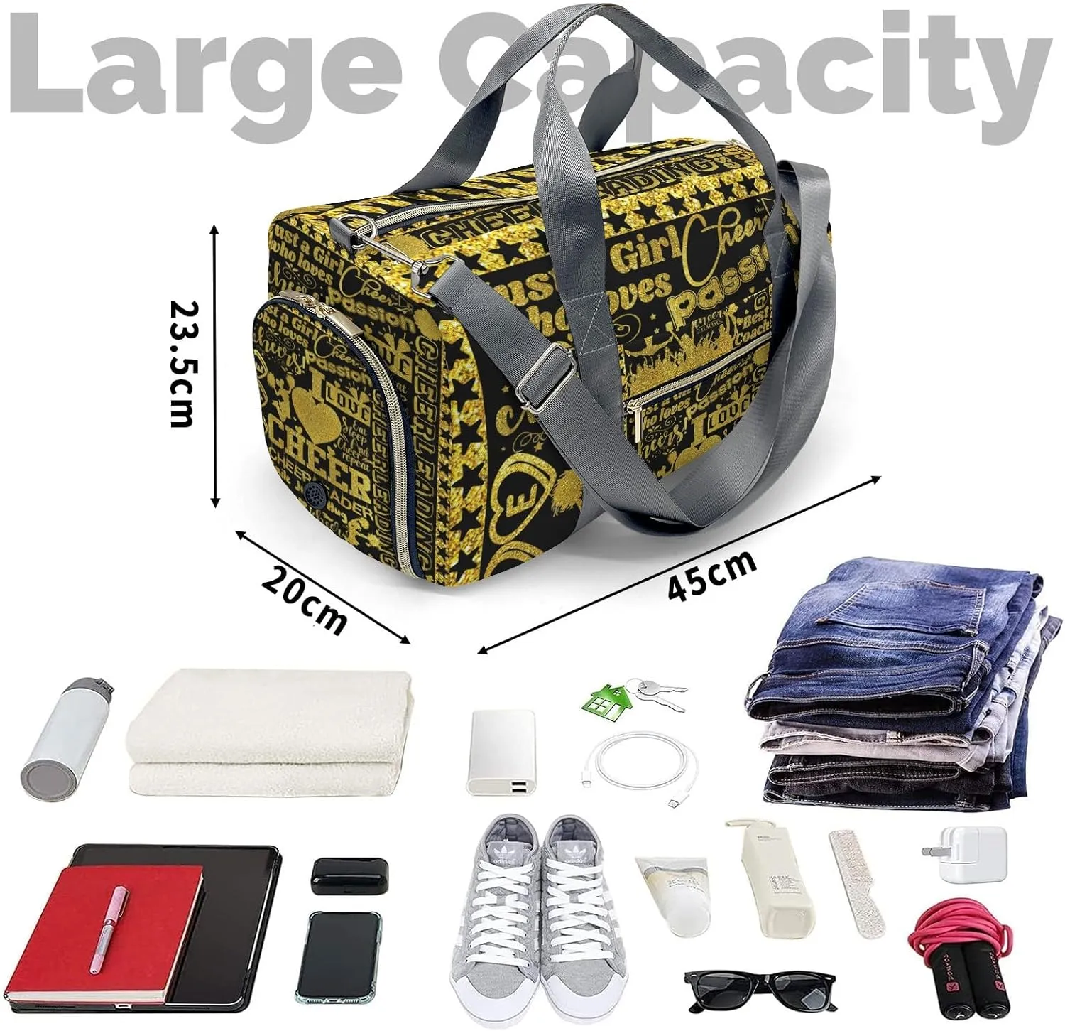 Golden Cheerleader Glitter Print Waterproof Duffel Bag Gym Dance Sport Perform Training Travel Bag for Boys Girls Teens Women Men