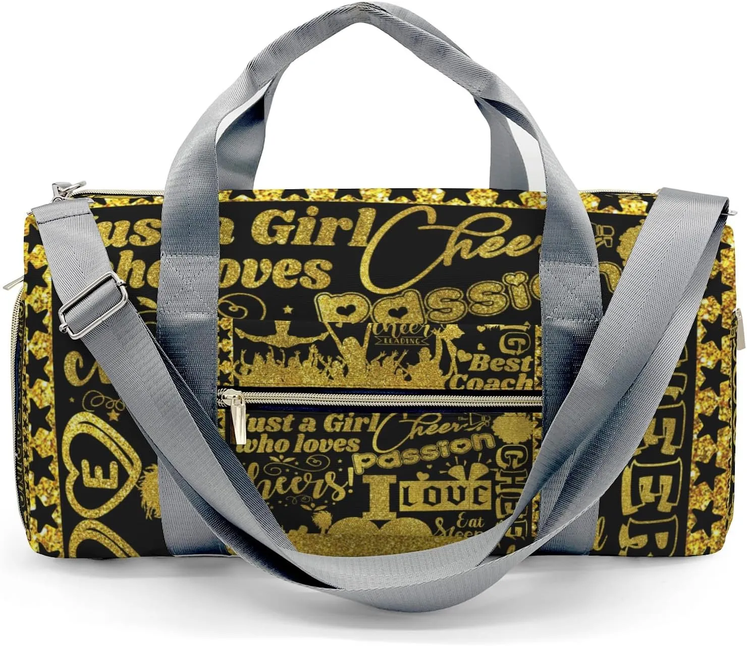 Golden Cheerleader Glitter Print Waterproof Duffel Bag Gym Dance Sport Perform Training Travel Bag for Boys Girls Teens Women Men