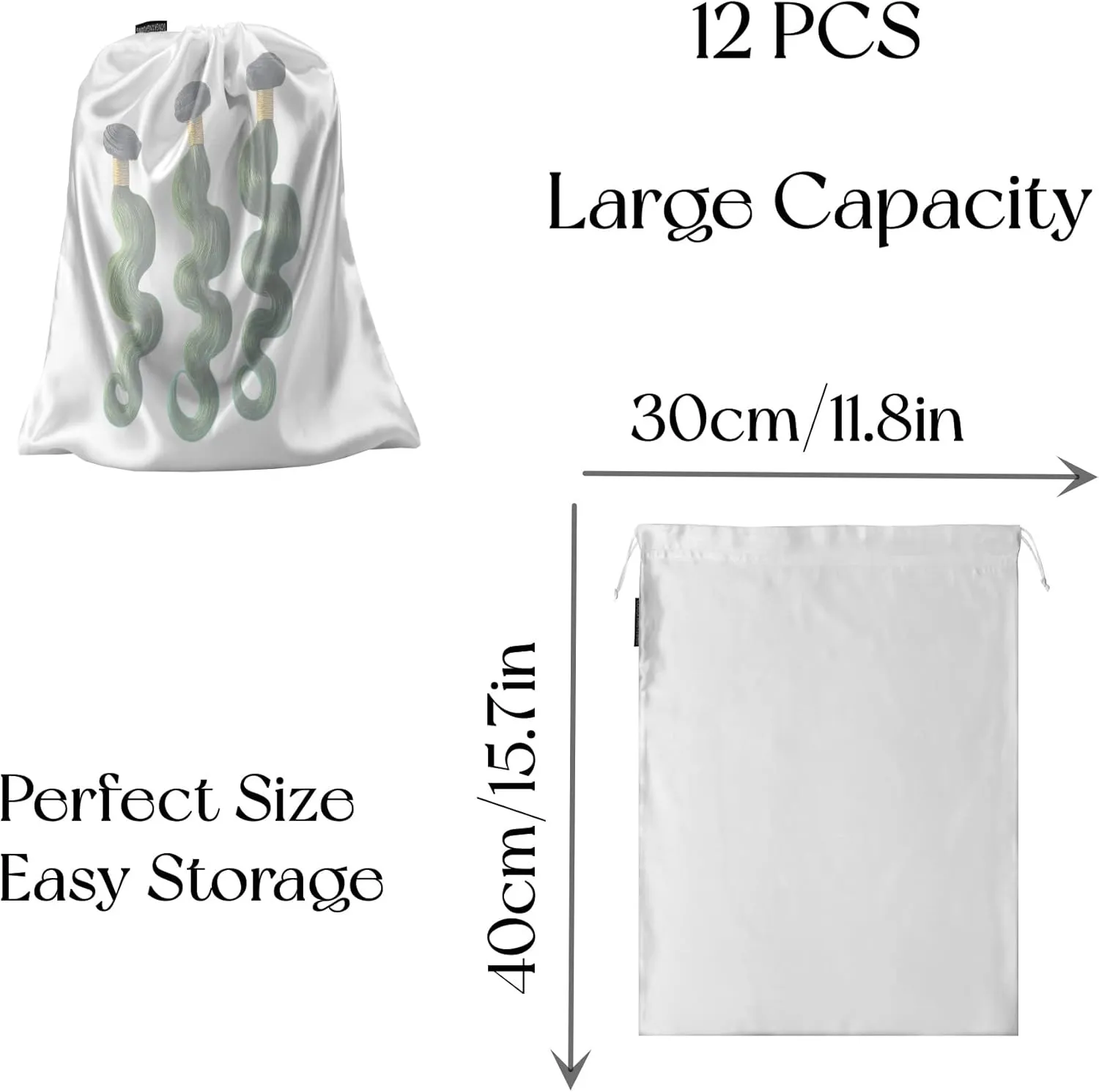 GONGKANGYUAN 12 Pcs Satin Wig Bags with Drawstring Satin Bag for Packaging Hair Extensions Wigs Soft Silk Pouches Hair Tools Storage Bags for Home and Salon (White)