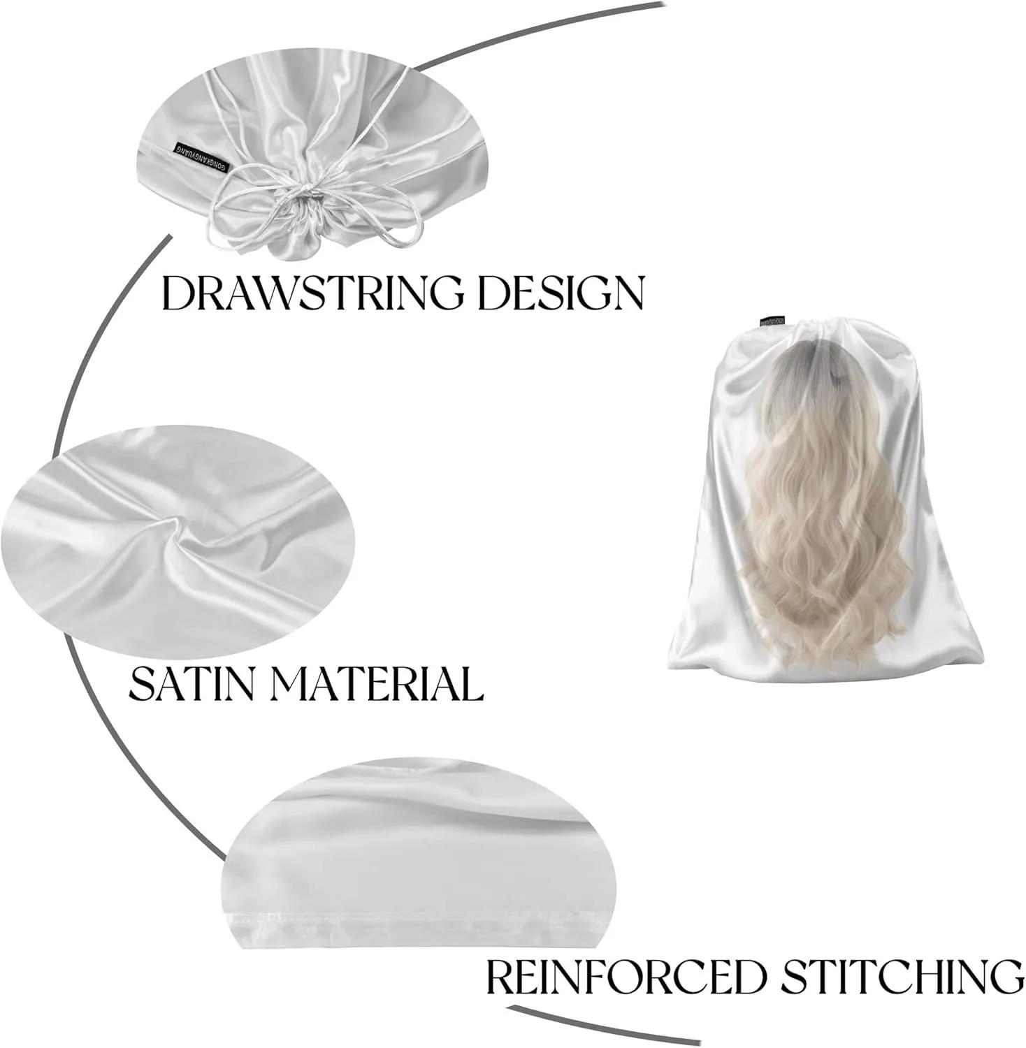 GONGKANGYUAN 12 Pcs Satin Wig Bags with Drawstring Satin Bag for Packaging Hair Extensions Wigs Soft Silk Pouches Hair Tools Storage Bags for Home and Salon (White)