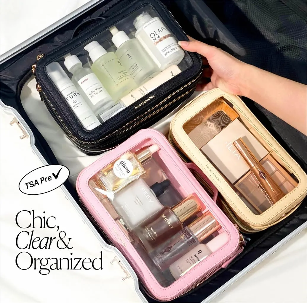 Goodies Lab Beauty Goodies Pink Makeup Bag Pink Cosmetic Bag Make Up Bag for Women, Travel Makeup Bag Organizer Clear Makeup Bags For Traveling, Clear Makeup Case Cosmetic Case Cosmetic Travel Bag