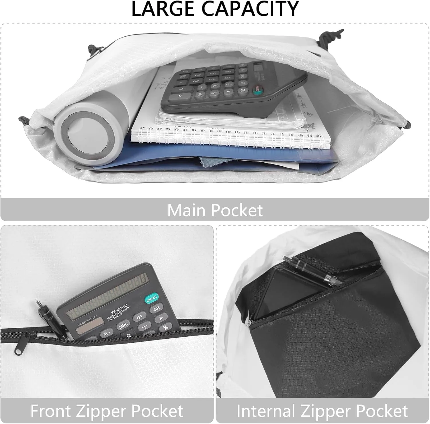 GoodtoU Gym Bags, Waterproof Cinch Bags with Zipper Pocket, Swim Backpack for Men Women (White 2 pcs)