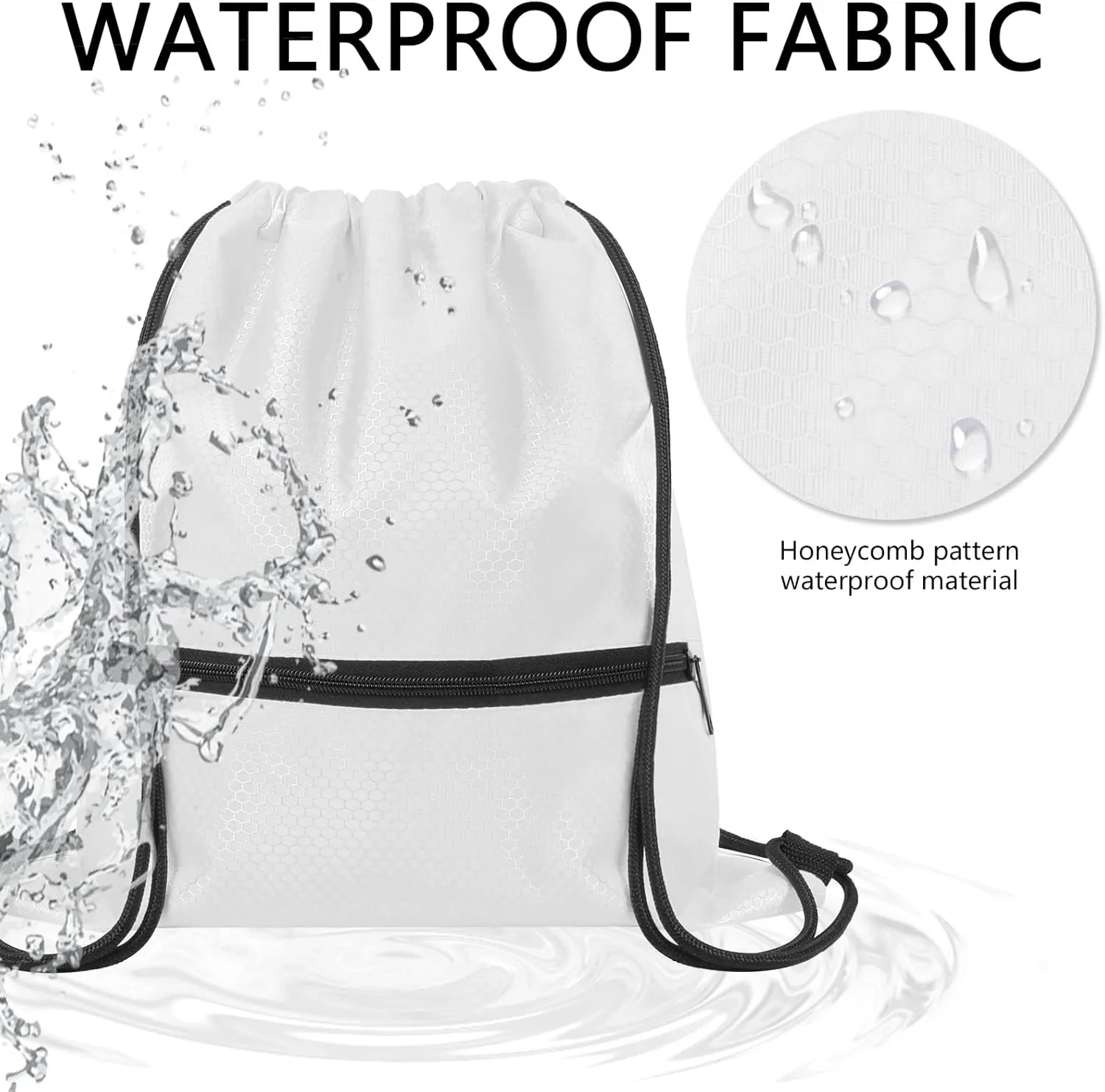 GoodtoU Gym Bags, Waterproof Cinch Bags with Zipper Pocket, Swim Backpack for Men Women (White 2 pcs)