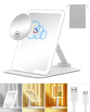 Gospire Travel Makeup Mirror with Lights and Magnification 10X, Portable Make Up Compact Tabletop with Adjustable Stand, 3 Colored Light Rechargeable Lighted LED Cosmetic Vanity- White
