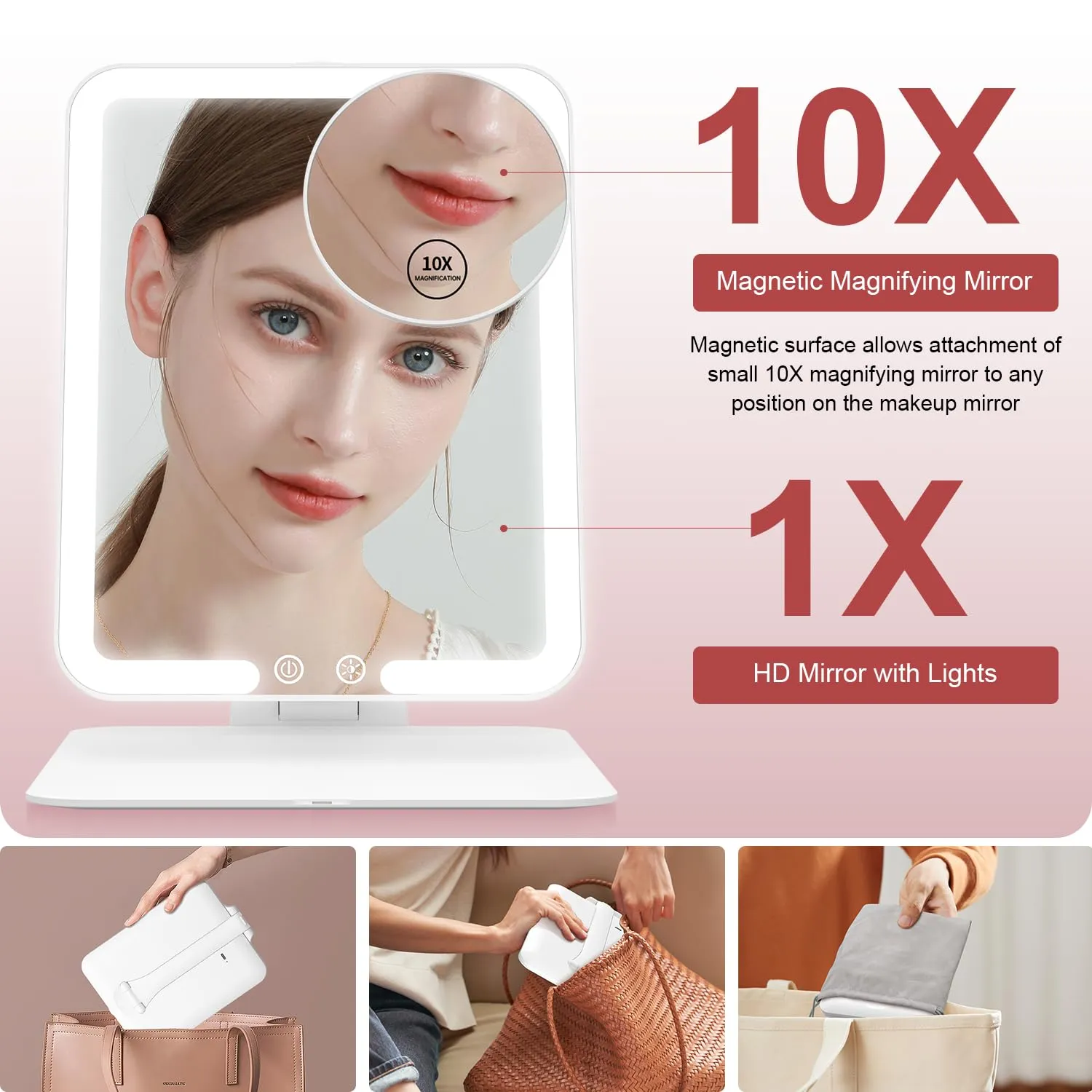 Gospire Travel Makeup Mirror with Lights and Magnification 10X, Portable Make Up Compact Tabletop with Adjustable Stand, 3 Colored Light Rechargeable Lighted LED Cosmetic Vanity- White