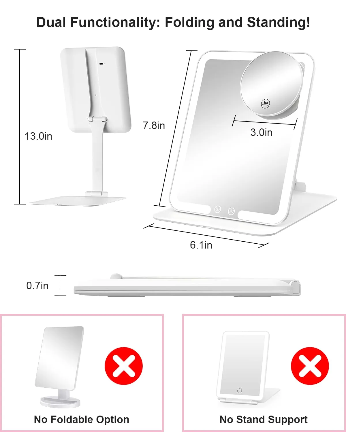 Gospire Travel Makeup Mirror with Lights and Magnification 10X, Portable Make Up Compact Tabletop with Adjustable Stand, 3 Colored Light Rechargeable Lighted LED Cosmetic Vanity- White
