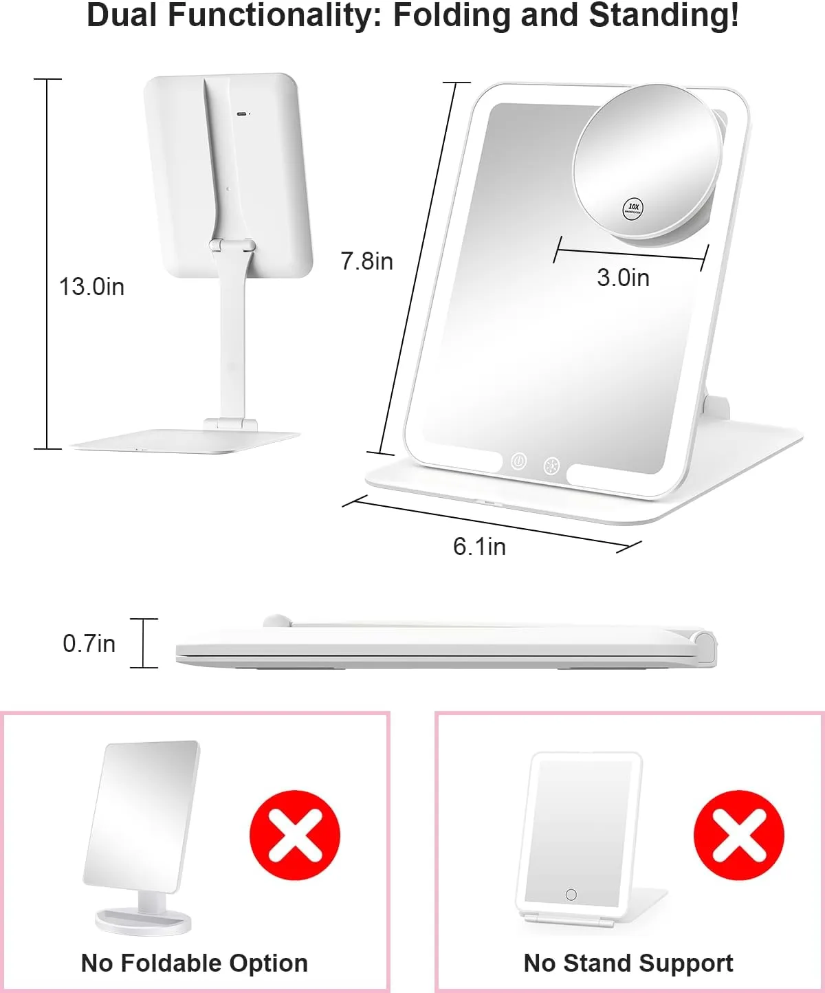 Gospire Travel Makeup Mirror with Lights and Magnification 10X, Portable Make Up Compact Tabletop with Adjustable Stand, 3 Colored Light Rechargeable Lighted LED Cosmetic Vanity- White