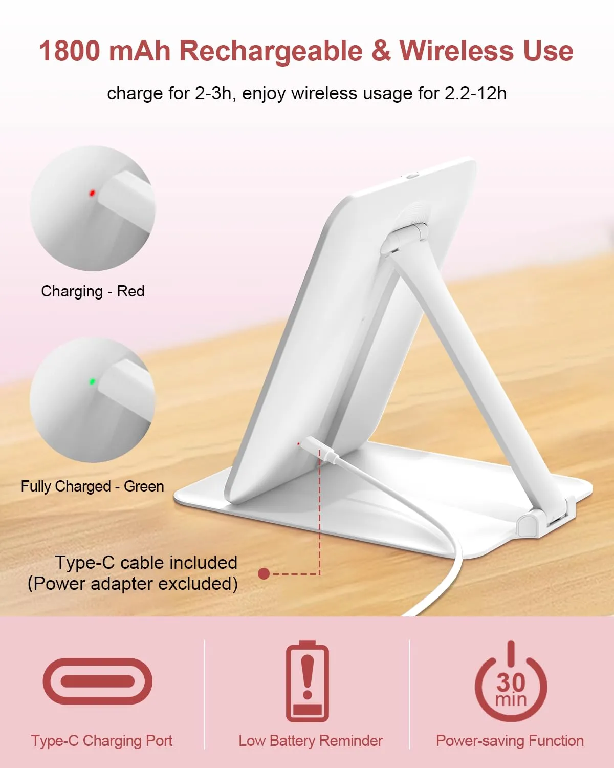 Gospire Travel Makeup Mirror with Lights and Magnification 10X, Portable Make Up Compact Tabletop with Adjustable Stand, 3 Colored Light Rechargeable Lighted LED Cosmetic Vanity- White