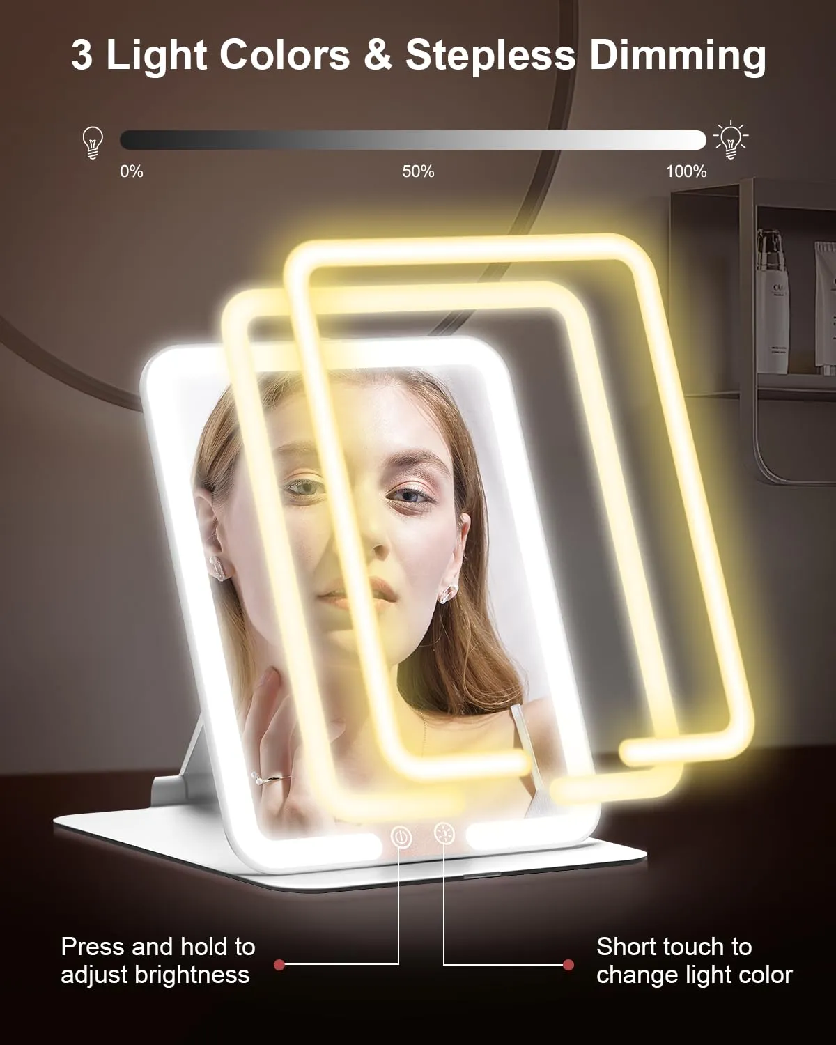 Gospire Travel Makeup Mirror with Lights and Magnification 10X, Portable Make Up Compact Tabletop with Adjustable Stand, 3 Colored Light Rechargeable Lighted LED Cosmetic Vanity- White