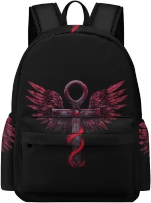 Gothic Silver Ankh Vampire with Red Wings Mini Backpack Cute Shoulder Bag Small Laptop Bag Travel Daypack for Men Women