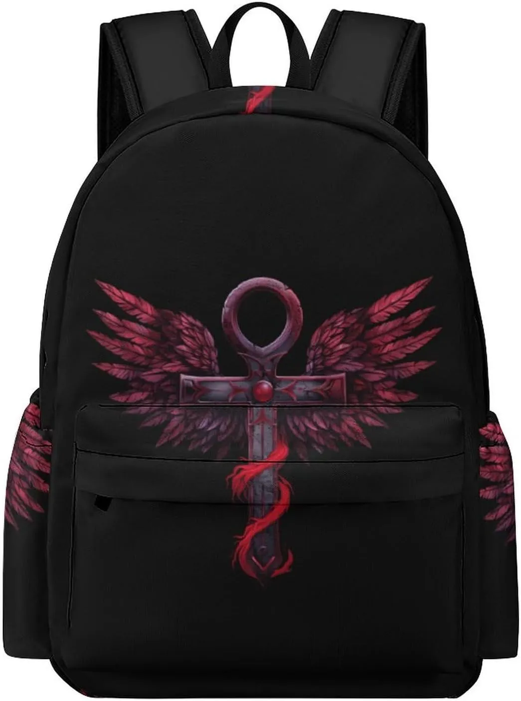 Gothic Silver Ankh Vampire with Red Wings Mini Backpack Cute Shoulder Bag Small Laptop Bag Travel Daypack for Men Women