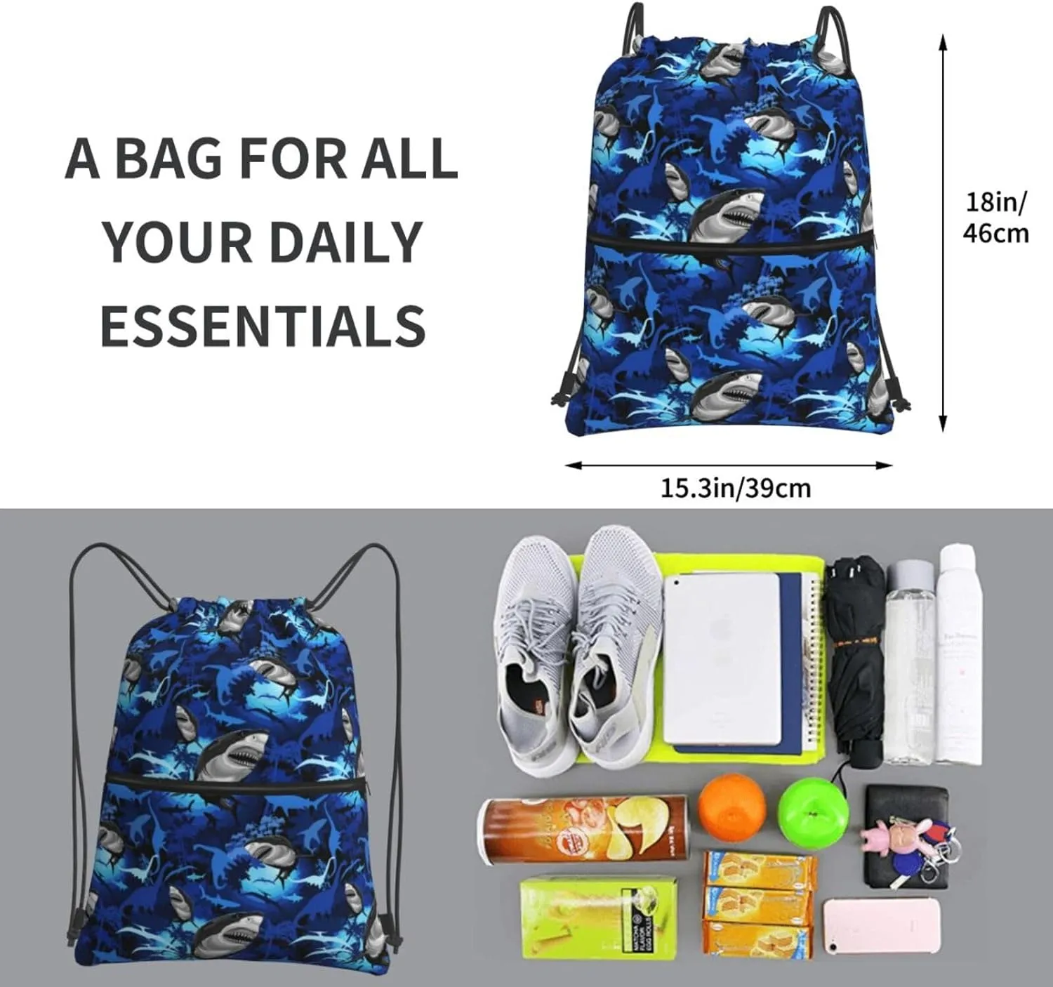 Great White Shark Sharks Drawstring Backpack Unisex Gym Bags Sport String Bag for Hiking Yoga Travel Swimming Beach 15 X 18 Inch