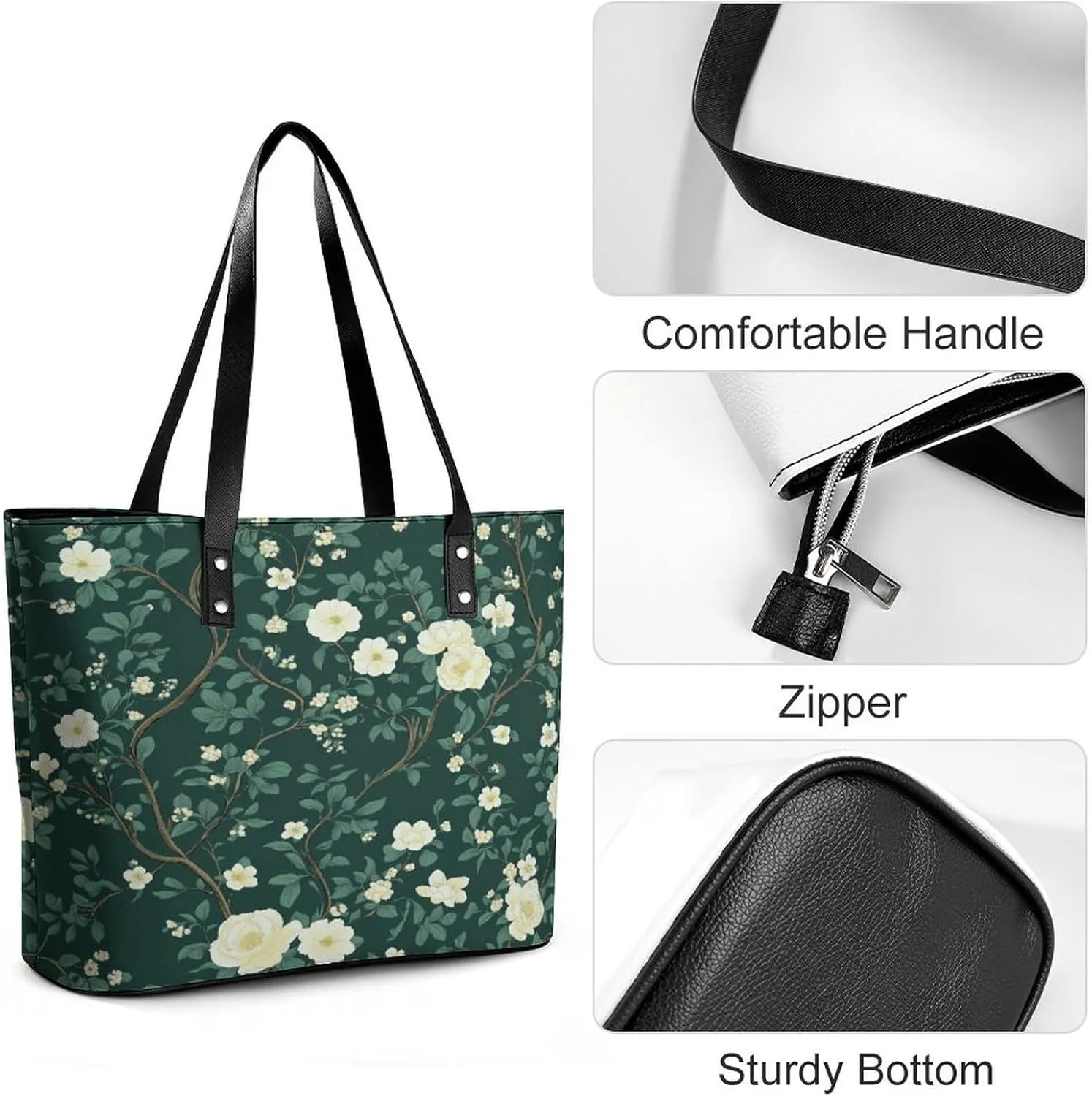 Green Floral Chinoiserie Pattern Women Soft Leather Handbags Tote Purses Shoulder Bucket Bags