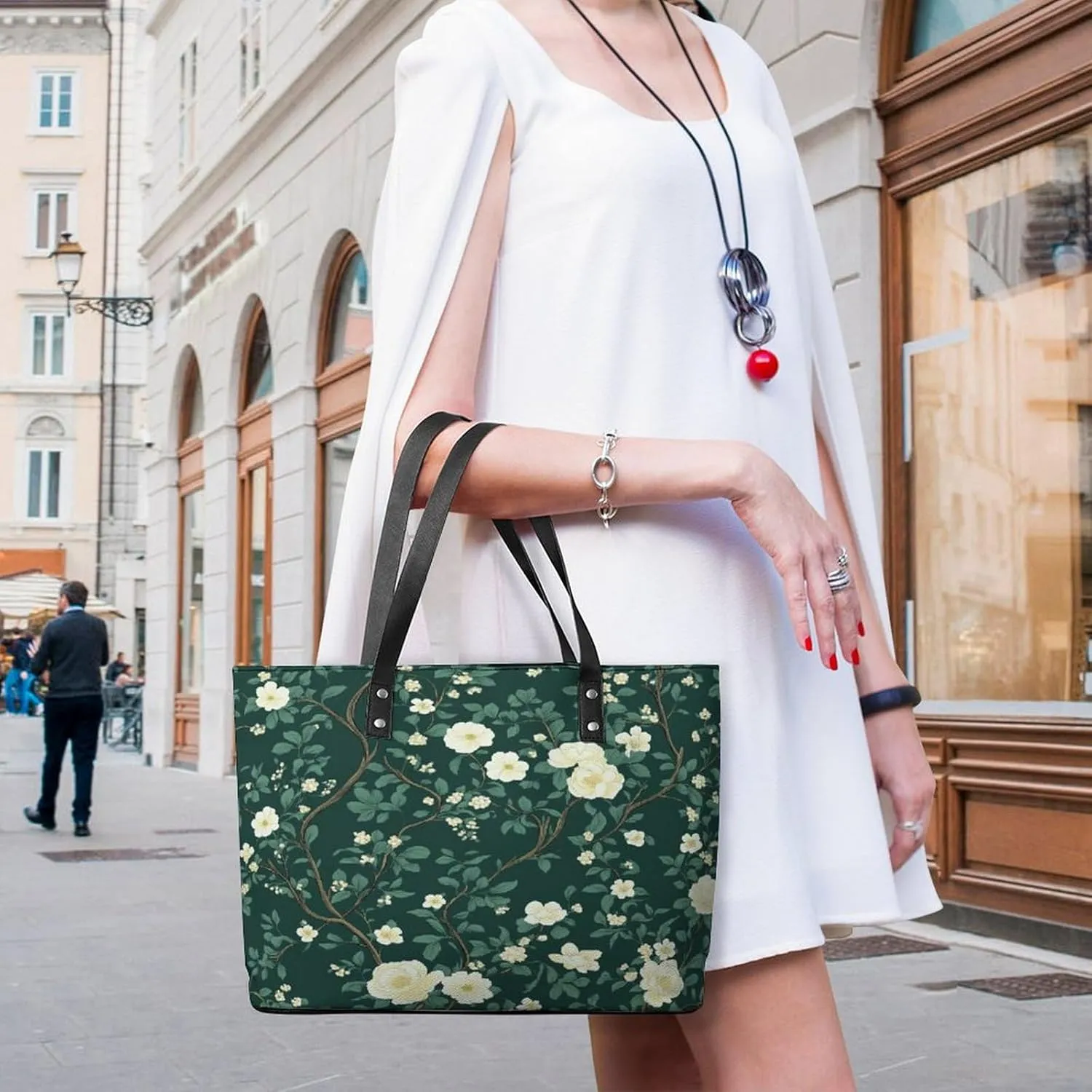 Green Floral Chinoiserie Pattern Women Soft Leather Handbags Tote Purses Shoulder Bucket Bags