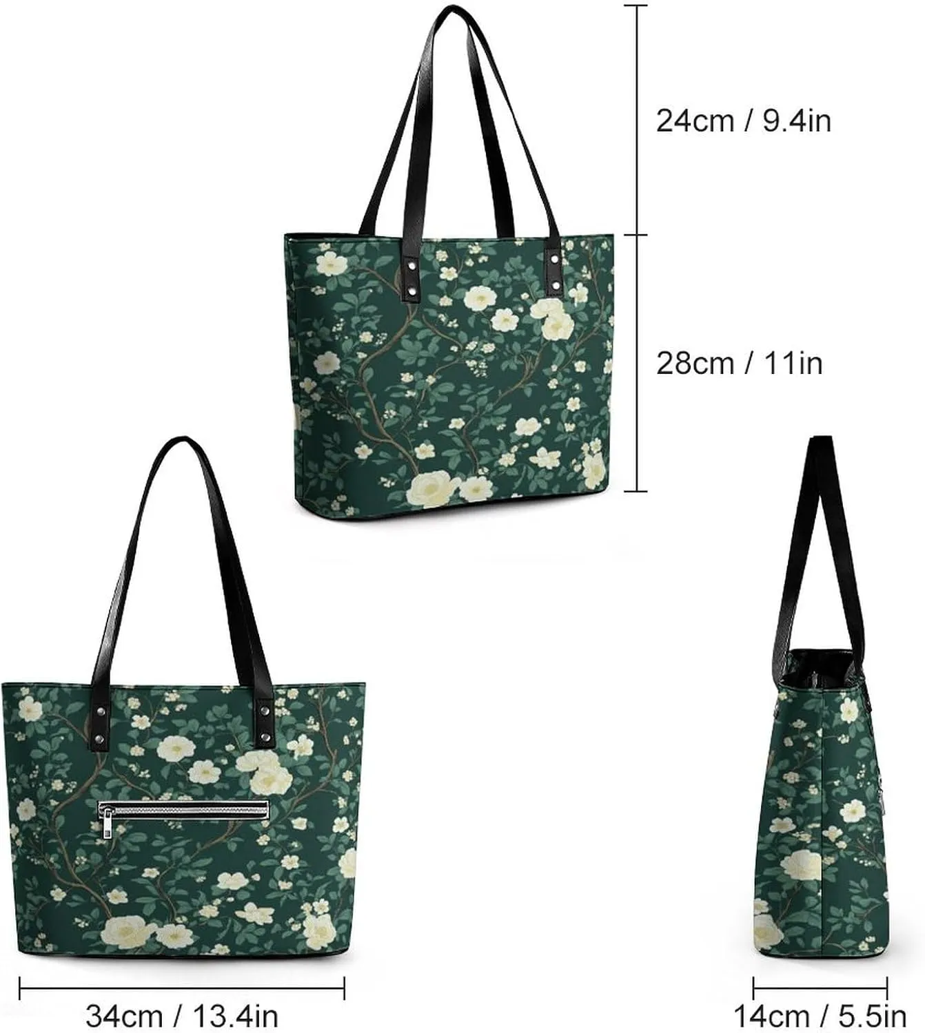 Green Floral Chinoiserie Pattern Women Soft Leather Handbags Tote Purses Shoulder Bucket Bags