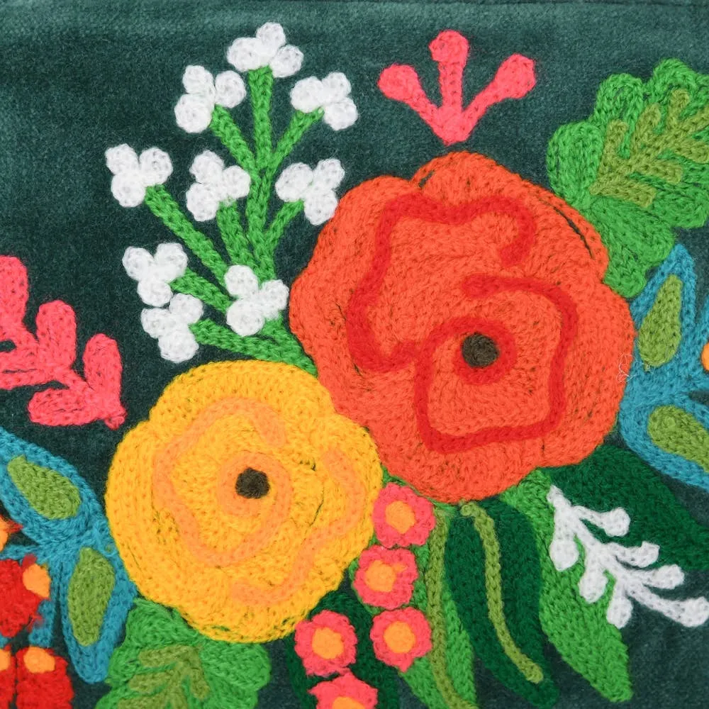 Green Floral Embroidered Velvet Zipper Pouch