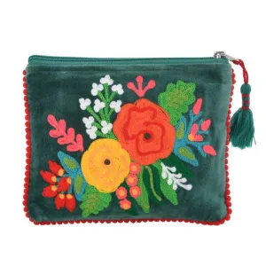 Green Floral Embroidered Velvet Zipper Pouch