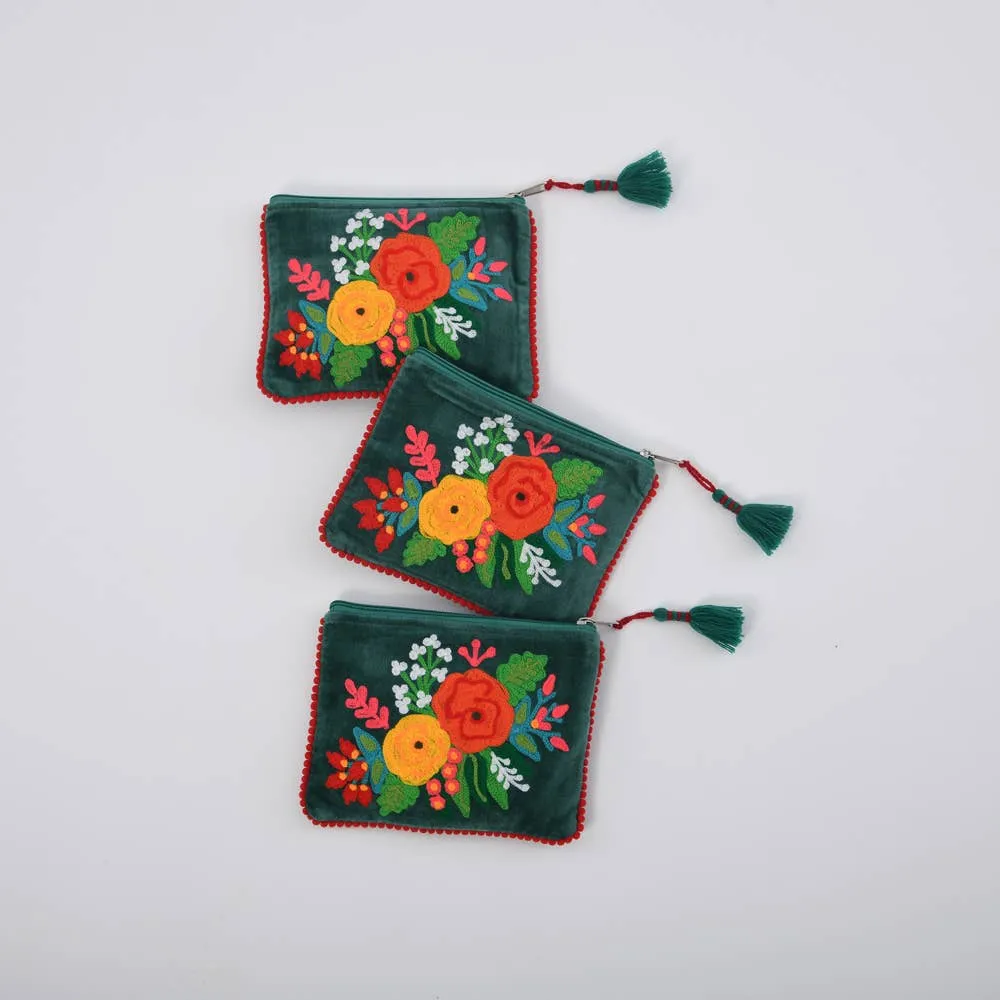 Green Floral Embroidered Velvet Zipper Pouch