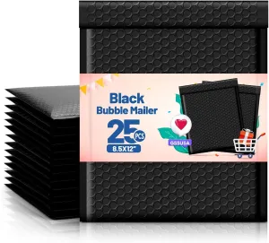 GSSUSA Black Bubble Mailers 8.5x12 large Padded Envelopes 25 Pack,Self-Seal Shipping Mailer, Packaging Bags, Small Business Supplies,Mailing Bags, Packaging for Small Business, Black