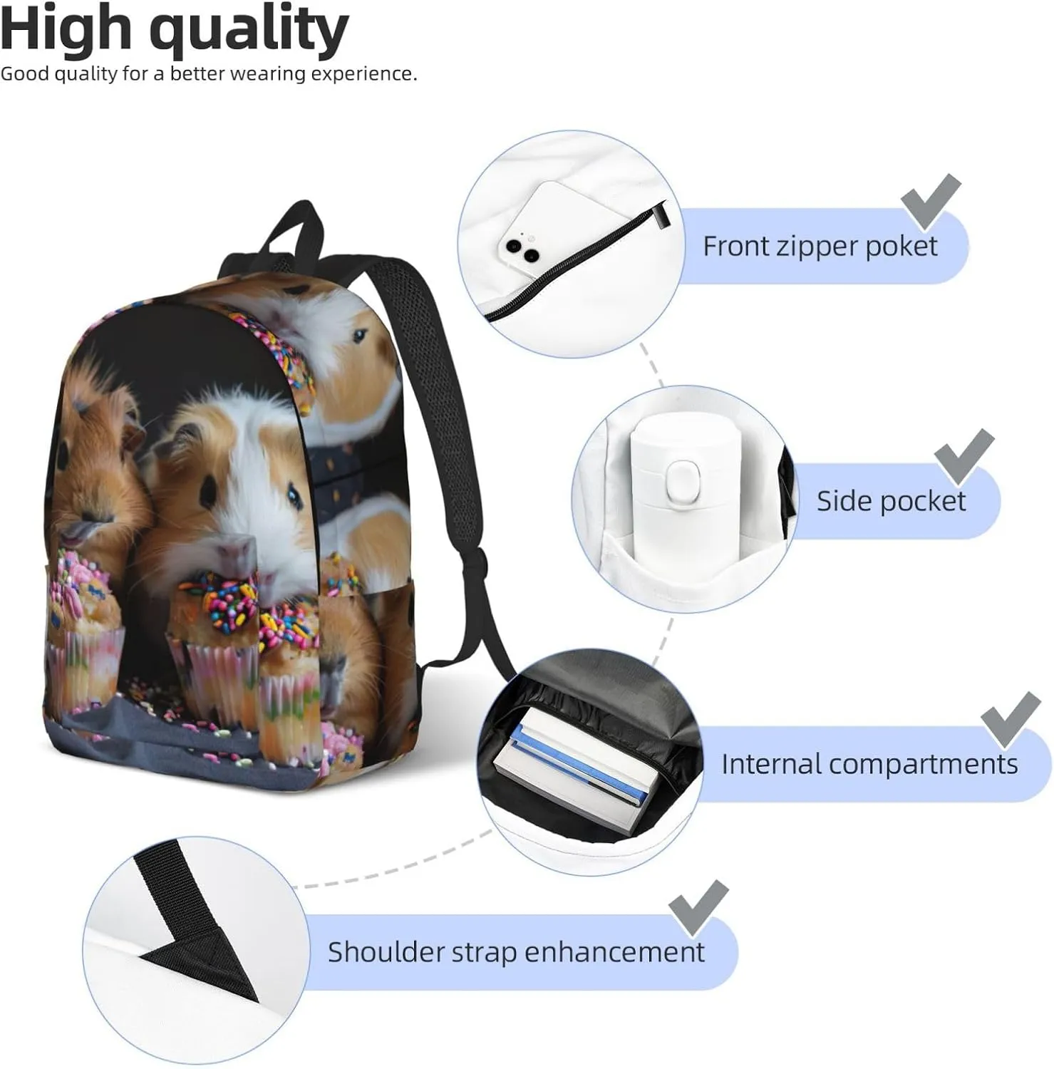 Guinea Pigs and Cupcakes print Hiking Backpack Casual Daypack Outdoor Travel Backpacks Bookbag for Men Women Adult