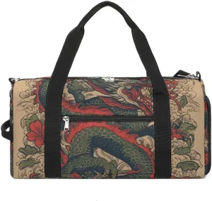 Gym Bag Beige Dragon Pattern Duffel Bag for Men Women Overnight Bag with Shoe Compartment Workout Bags