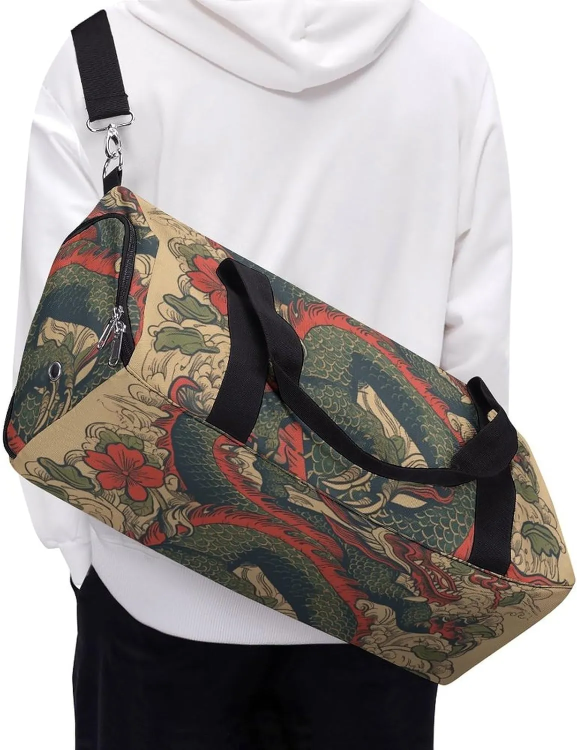 Gym Bag Beige Dragon Pattern Duffel Bag for Men Women Overnight Bag with Shoe Compartment Workout Bags