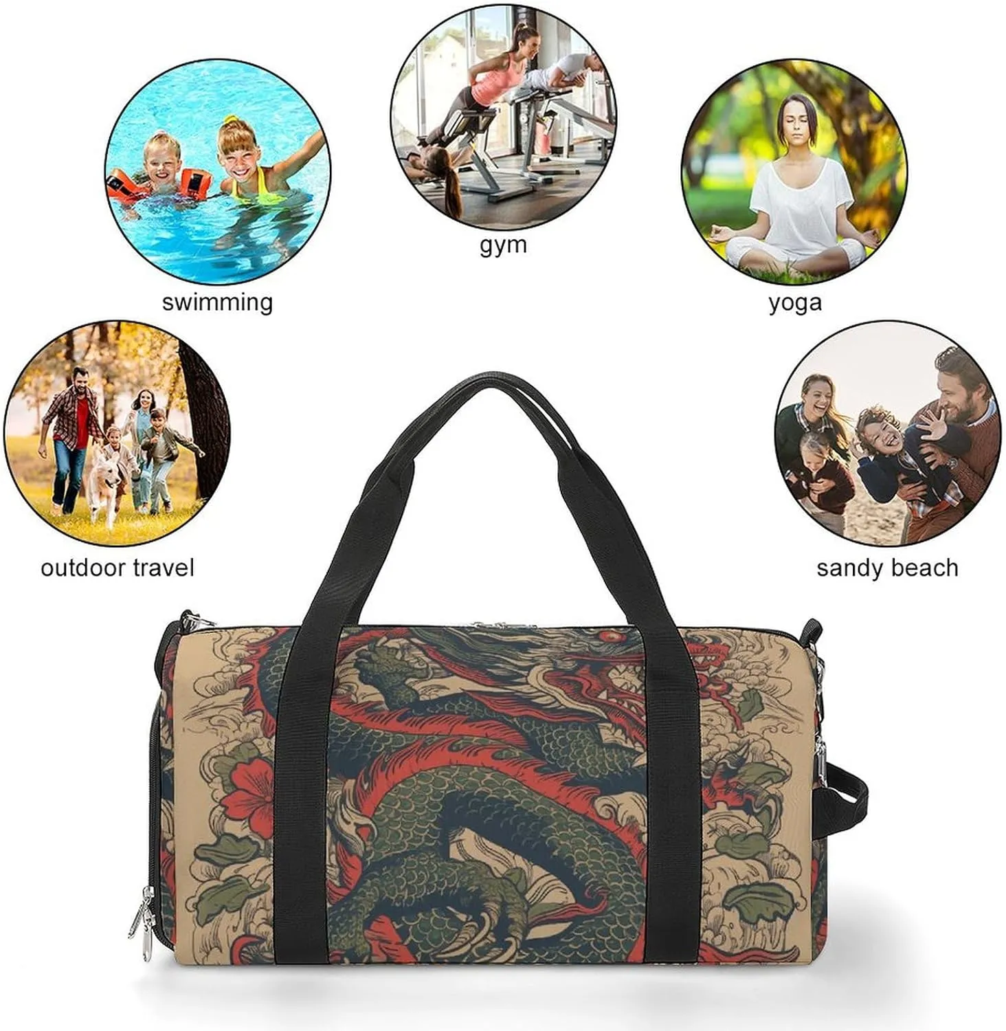 Gym Bag Beige Dragon Pattern Duffel Bag for Men Women Overnight Bag with Shoe Compartment Workout Bags