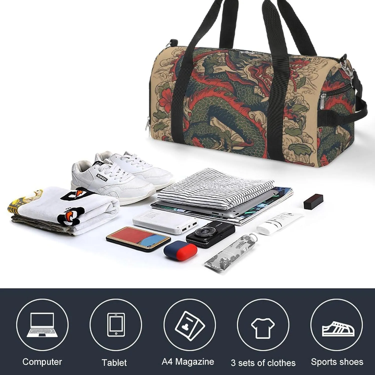 Gym Bag Beige Dragon Pattern Duffel Bag for Men Women Overnight Bag with Shoe Compartment Workout Bags