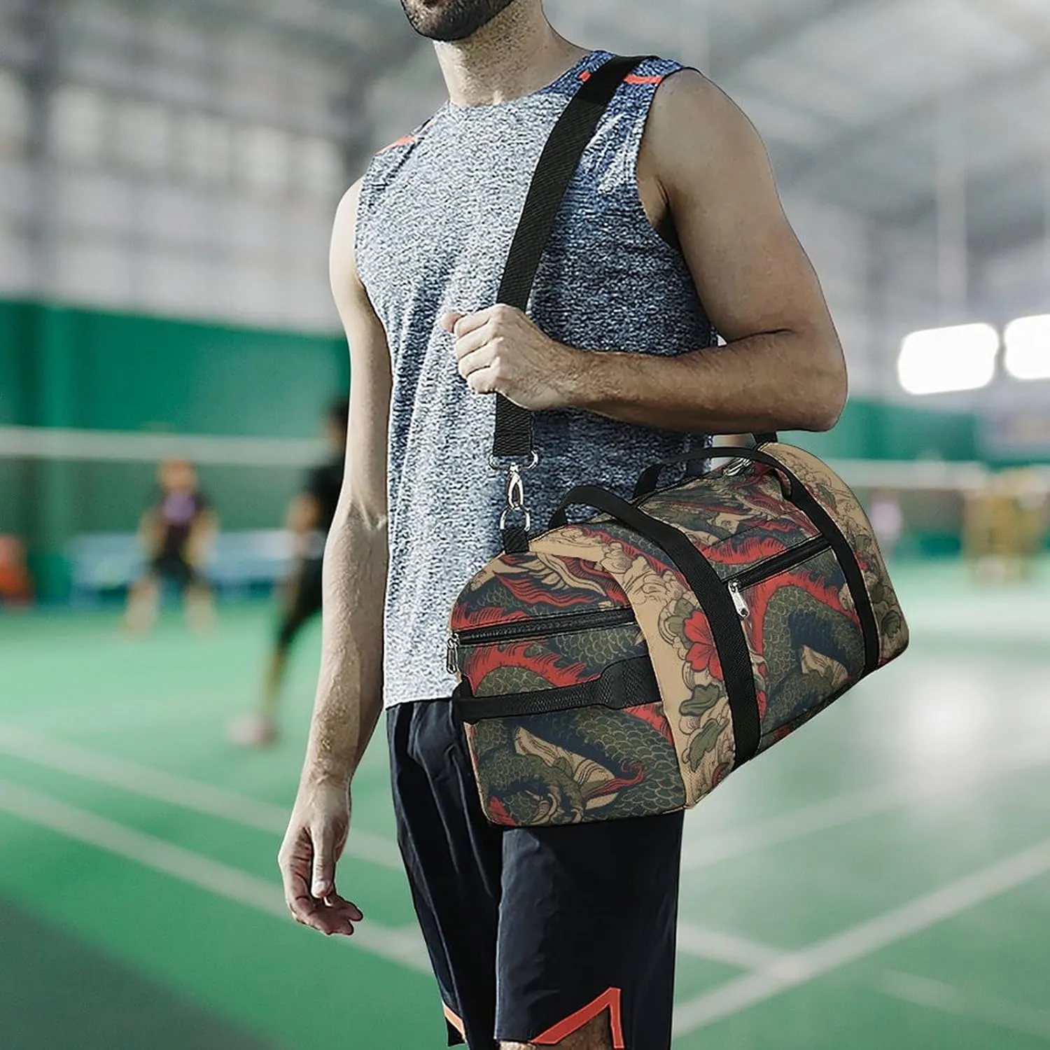 Gym Bag Beige Dragon Pattern Duffel Bag for Men Women Overnight Bag with Shoe Compartment Workout Bags