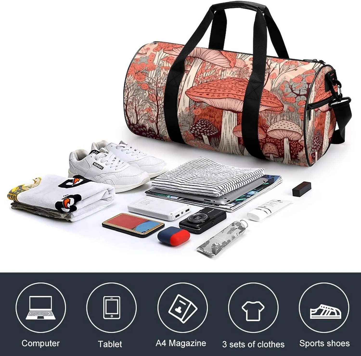 Gym Bag Cartoon Mushroom Duffel Bag for Men Women Overnight Bag with Shoe Compartment Workout Bags