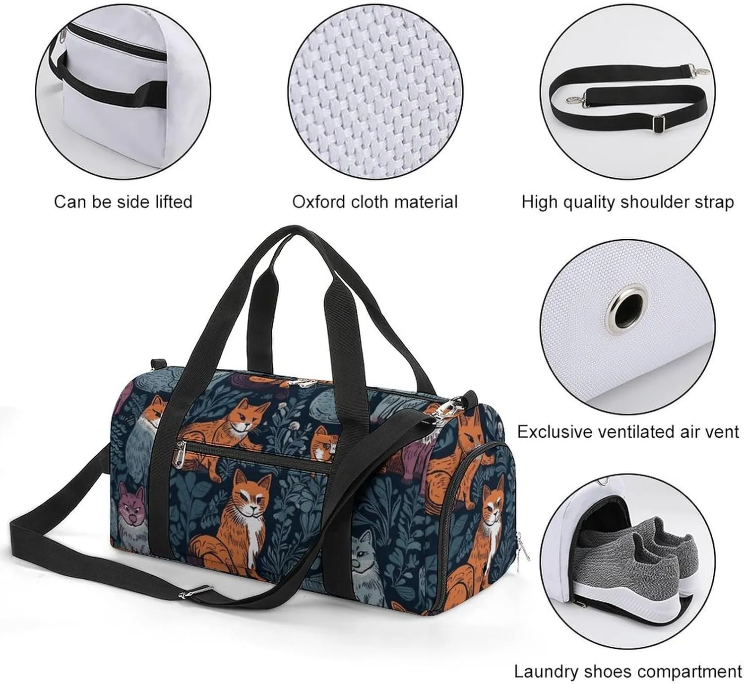 Gym Bag Cat Print Duffel Bag for Men Women Overnight Bag with Shoe Compartment Workout Bags