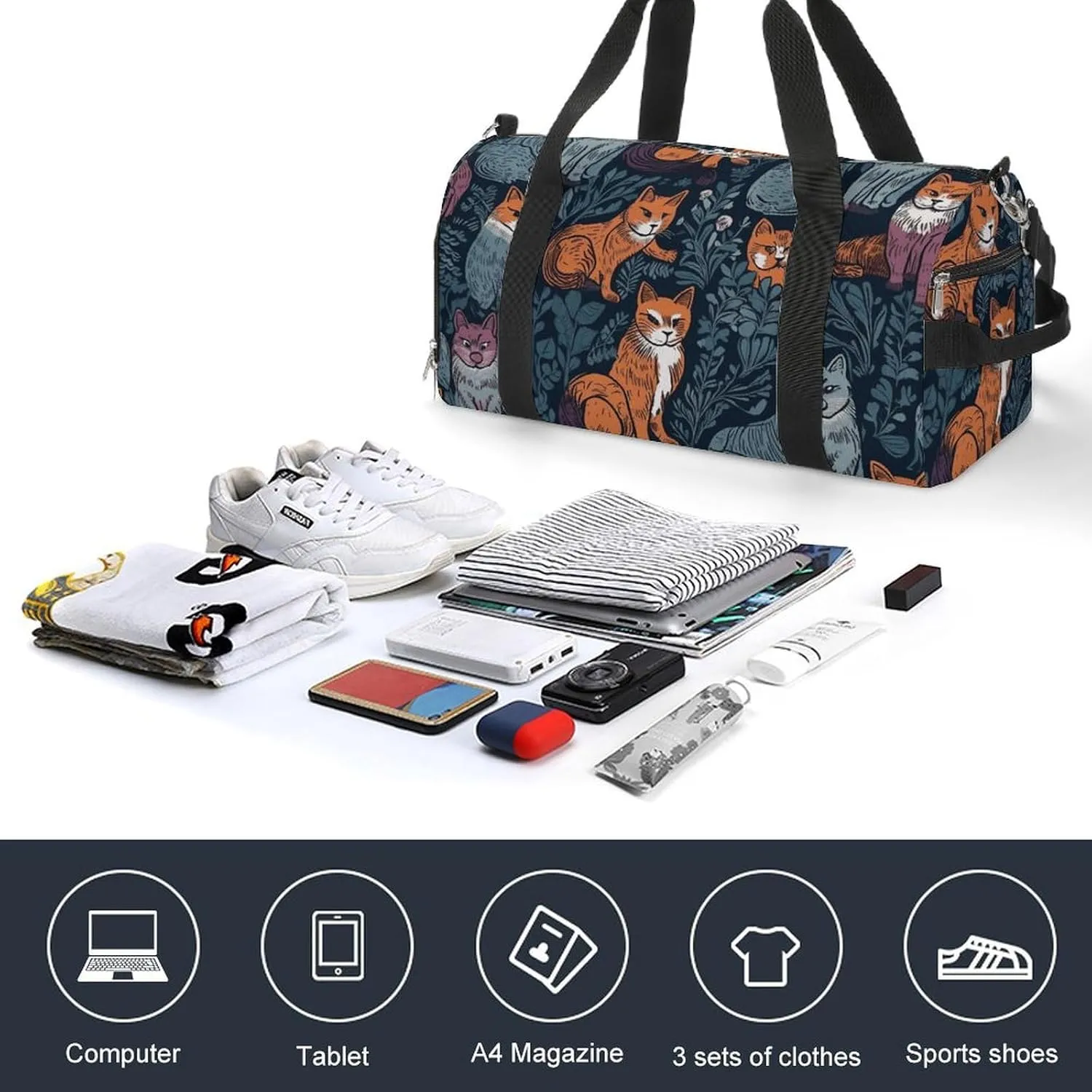 Gym Bag Cat Print Duffel Bag for Men Women Overnight Bag with Shoe Compartment Workout Bags