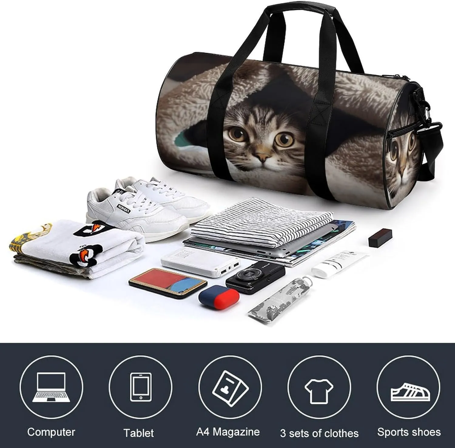 Gym Bag Cat Under Blanket Duffel Bag for Men Women Overnight Bag with Shoe Compartment Workout Bags