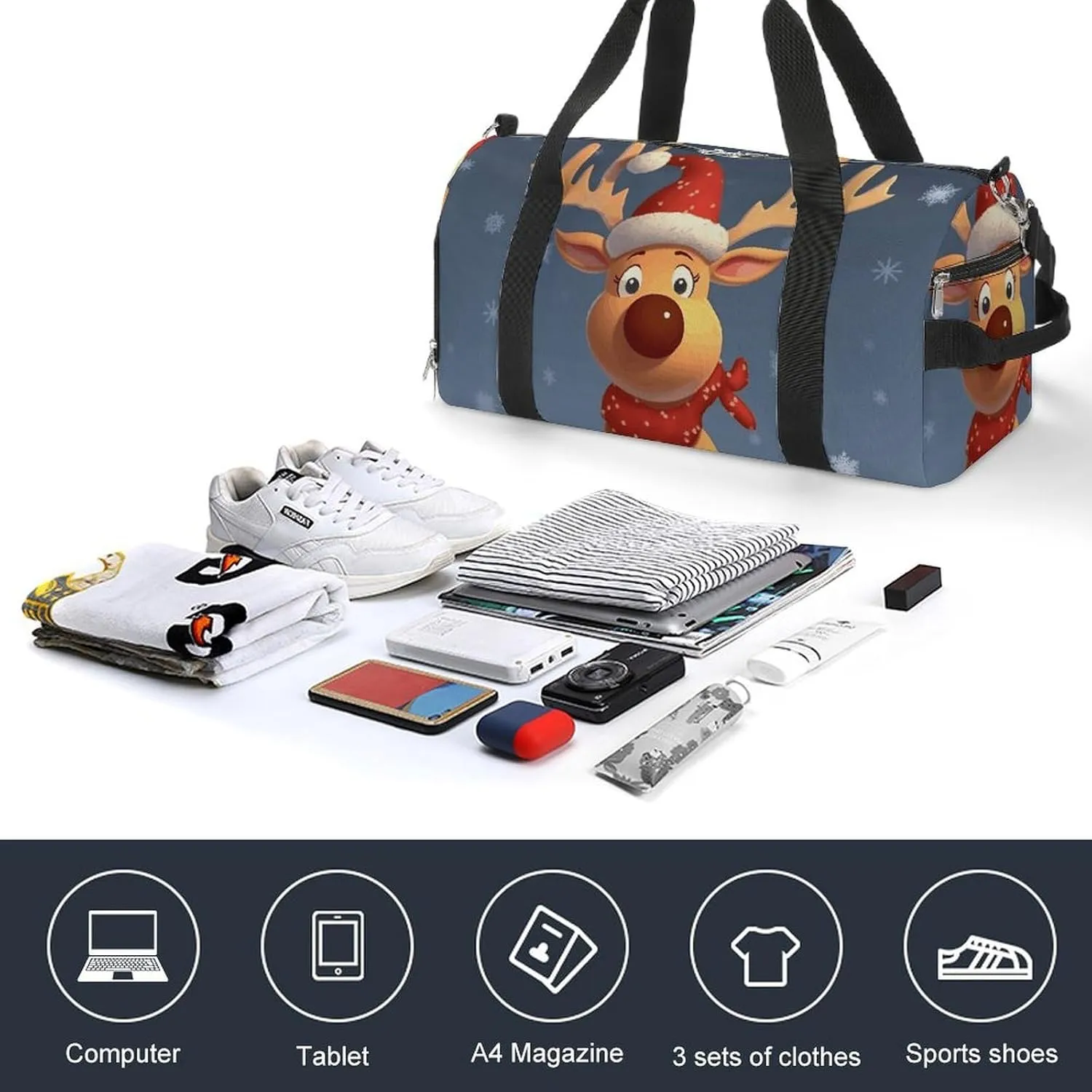 Gym Bag Christmas Deer Duffel Bag for Men Women Overnight Bag with Shoe Compartment Workout Bags