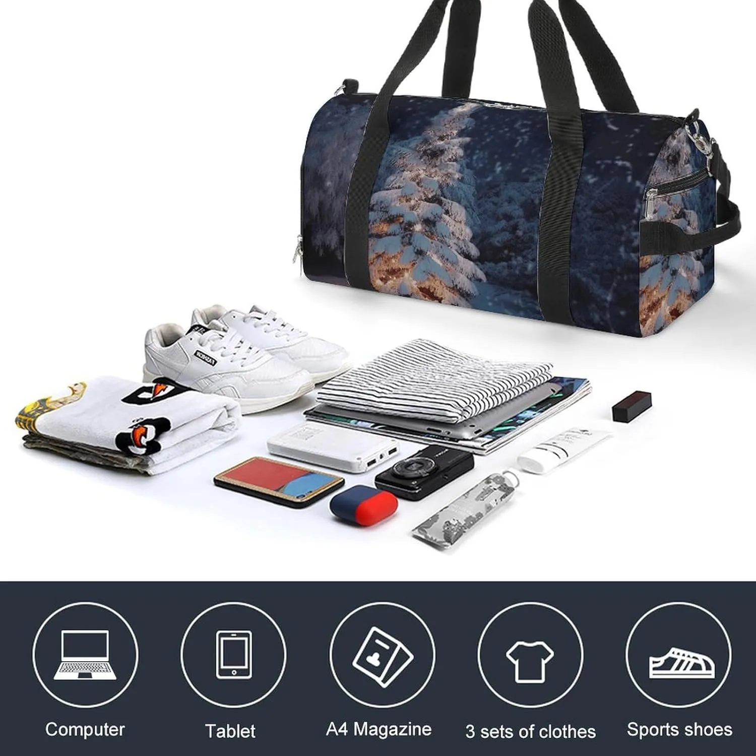 Gym Bag Christmas Tree Snow Duffel Bag for Men Women Overnight Bag with Shoe Compartment Workout Bags