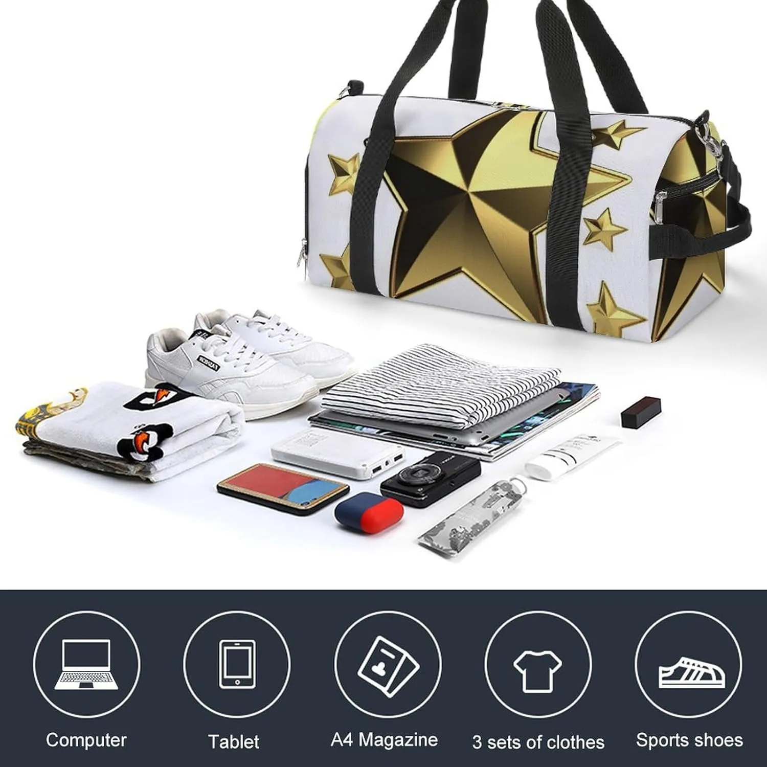 Gym Bag Gold Star Duffel Bag for Men Women Overnight Bag with Shoe Compartment Workout Bags
