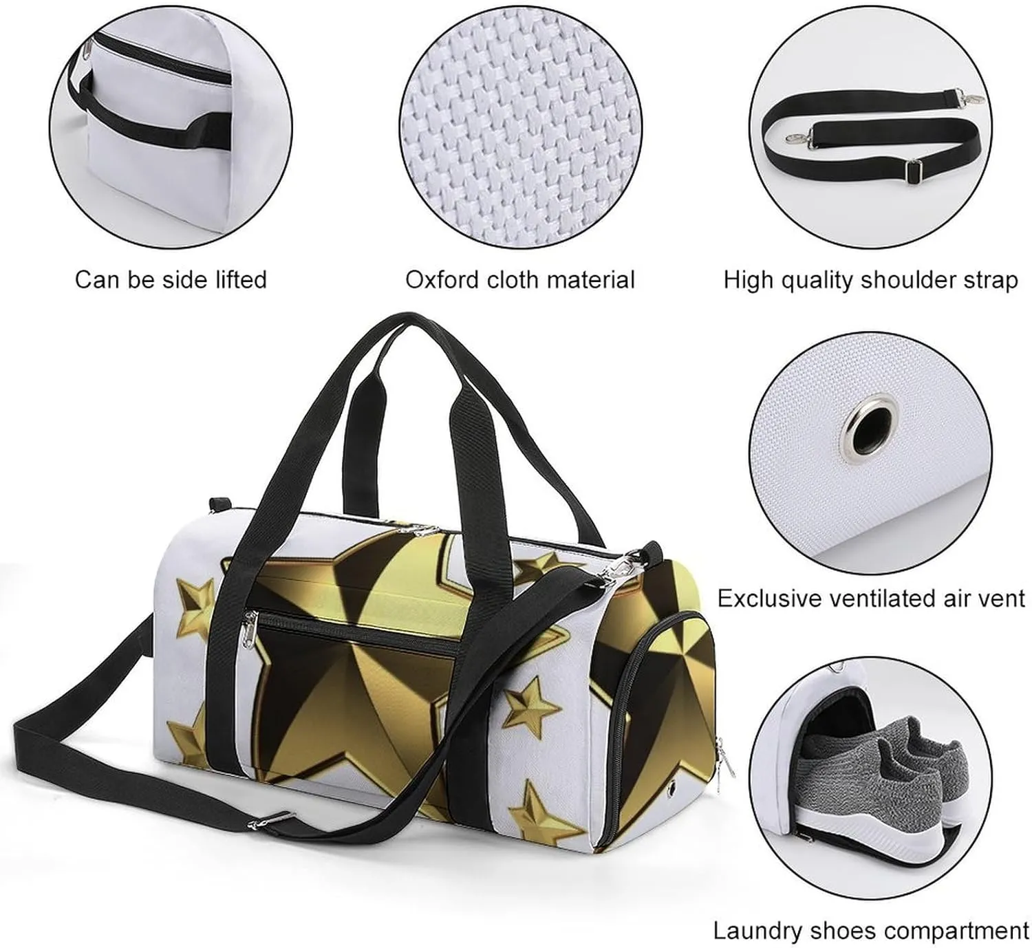 Gym Bag Gold Star Duffel Bag for Men Women Overnight Bag with Shoe Compartment Workout Bags