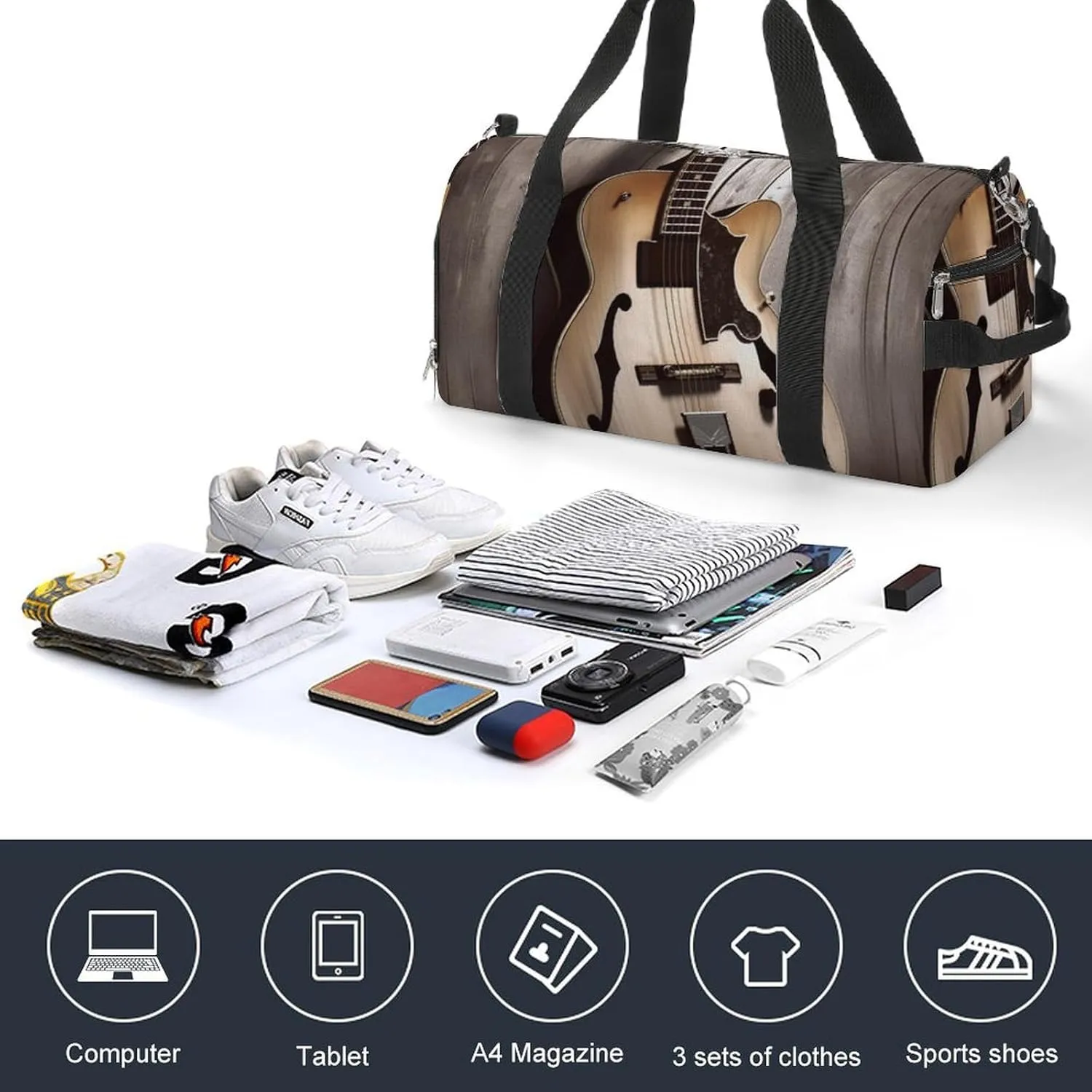 Gym Bag Guitar Pictures Duffel Bag for Men Women Overnight Bag with Shoe Compartment Workout Bags