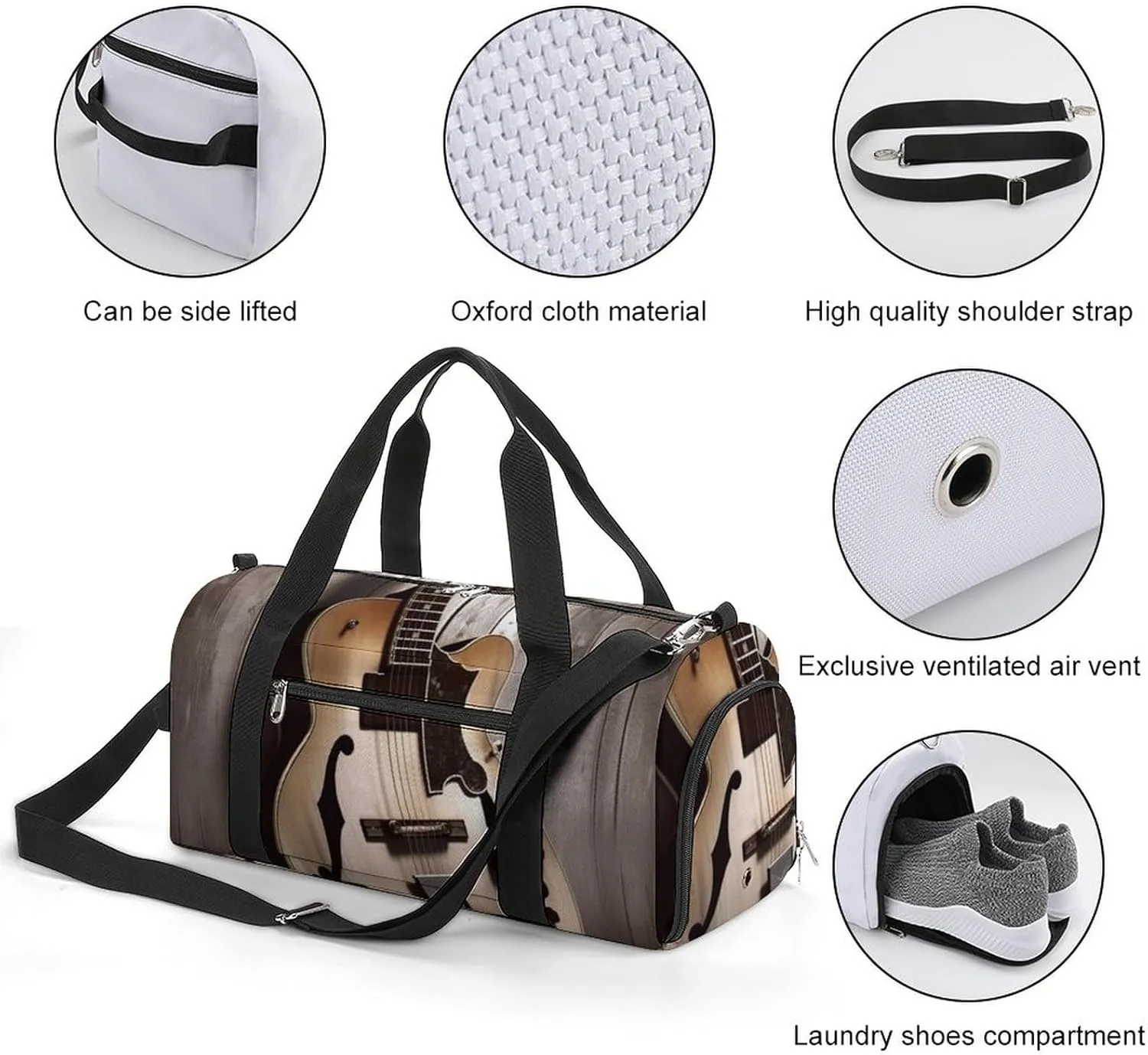 Gym Bag Guitar Pictures Duffel Bag for Men Women Overnight Bag with Shoe Compartment Workout Bags