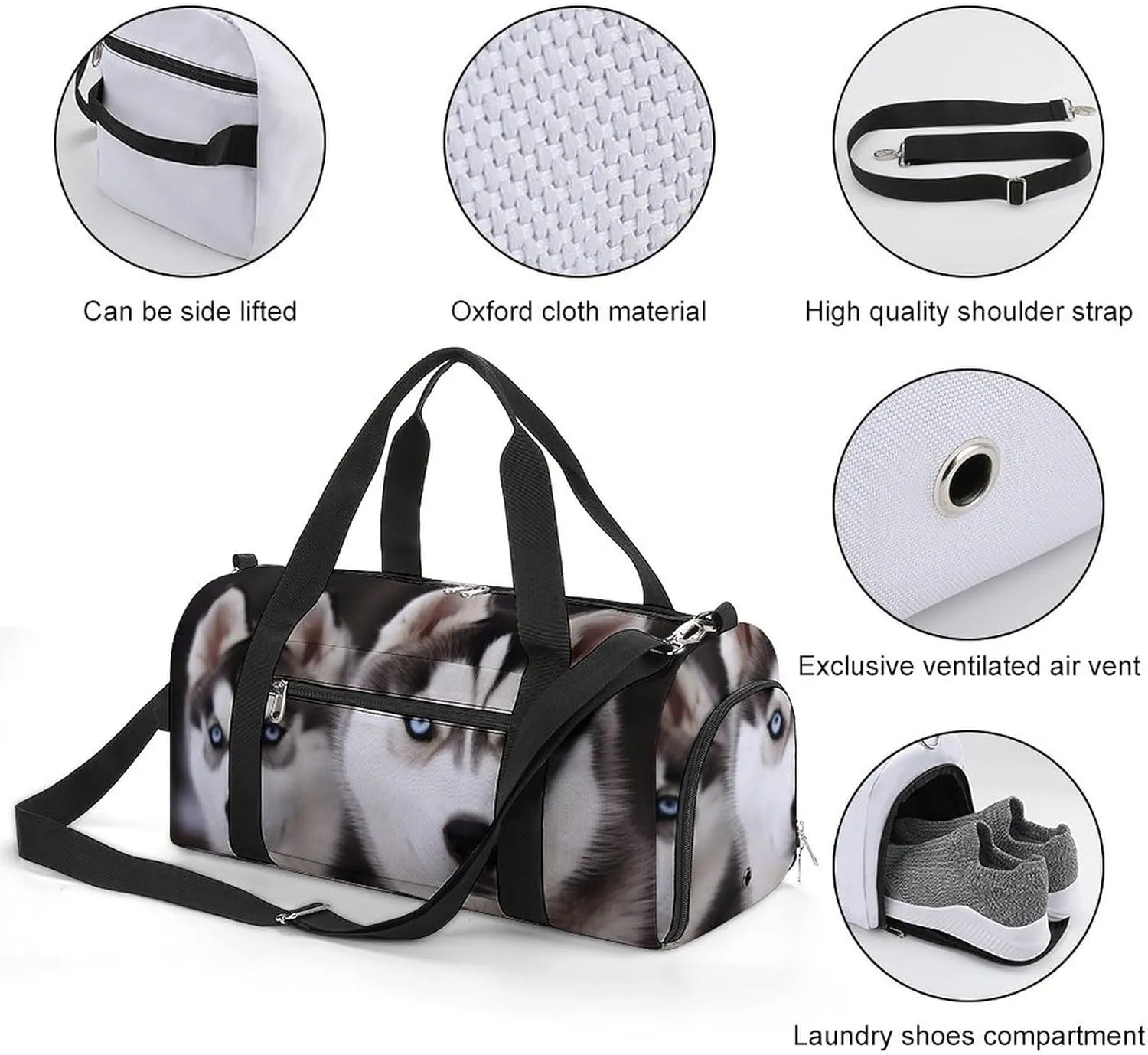 Gym Bag Husky Dog Duffel Bag for Men Women Overnight Bag with Shoe Compartment Workout Bags