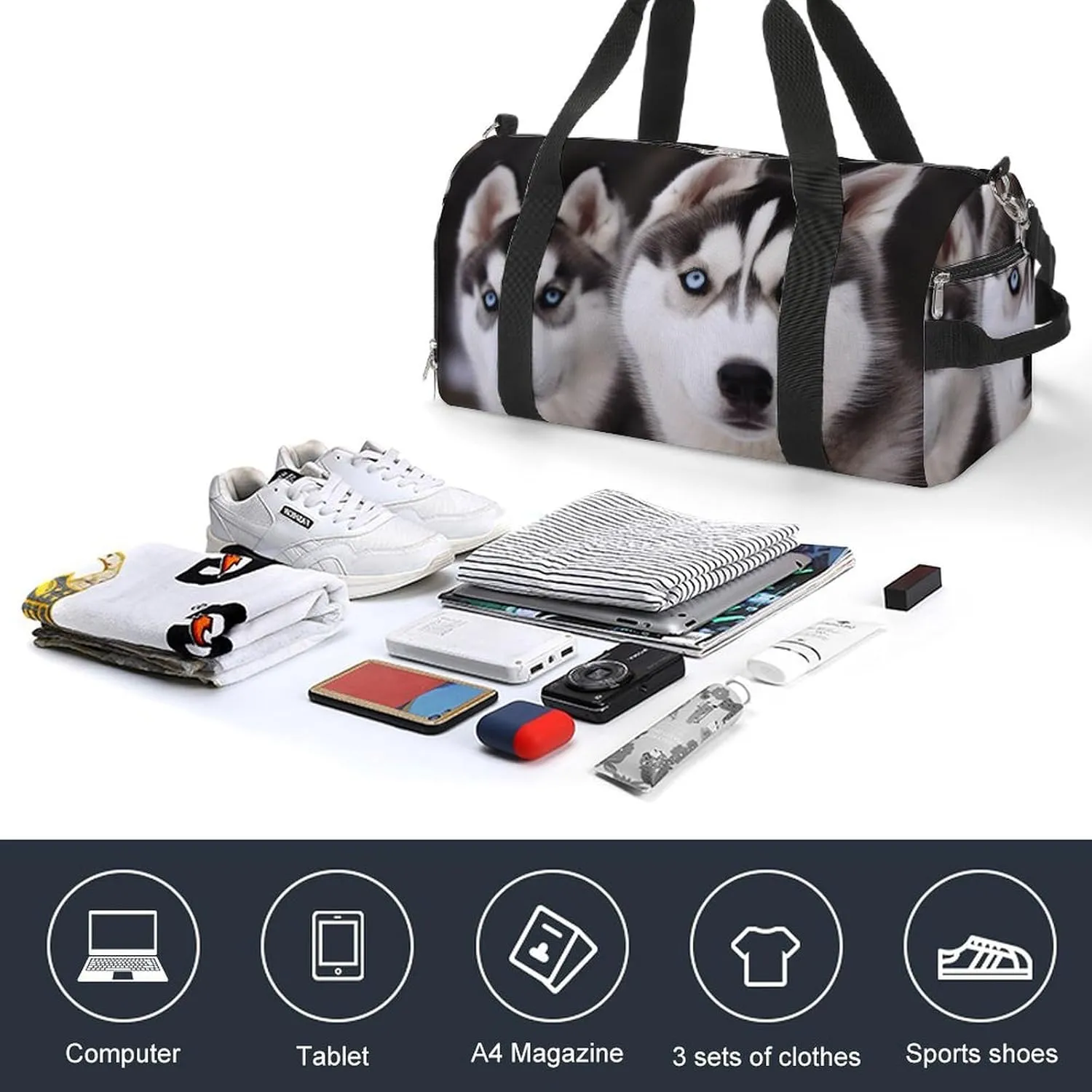 Gym Bag Husky Dog Duffel Bag for Men Women Overnight Bag with Shoe Compartment Workout Bags