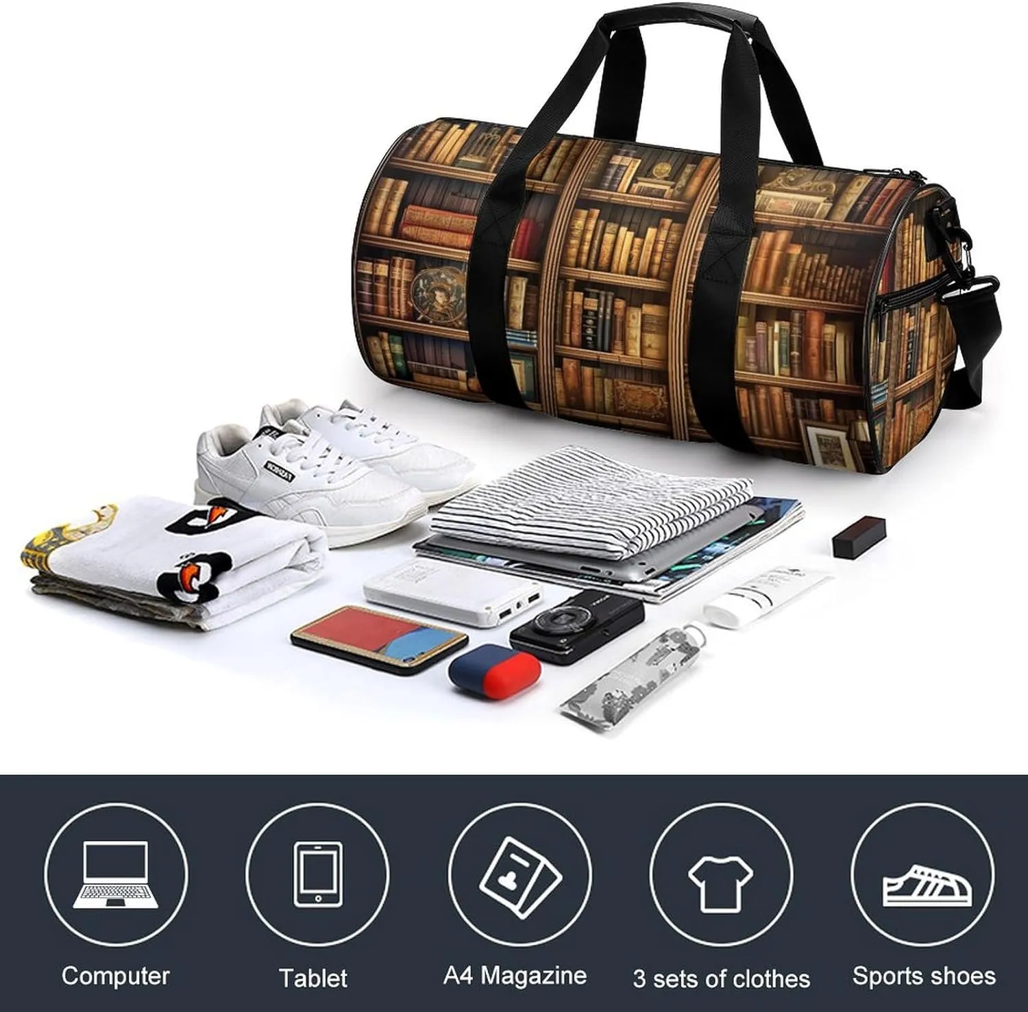 Gym Bag Library Bookshelf Book Duffel Bag for Men Women Overnight Bag with Shoe Compartment Workout Bags