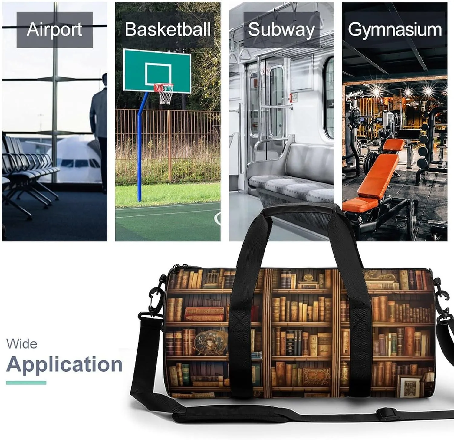 Gym Bag Library Bookshelf Book Duffel Bag for Men Women Overnight Bag with Shoe Compartment Workout Bags