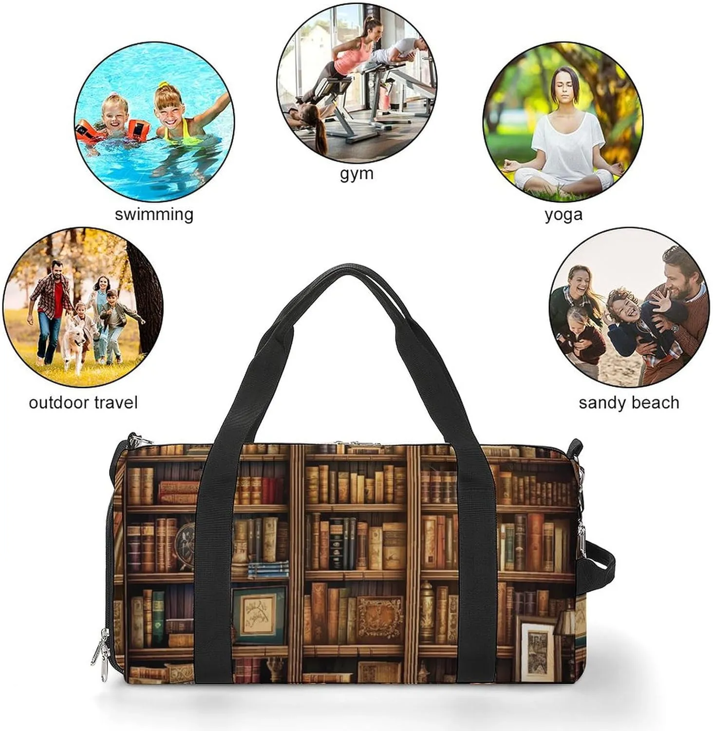 Gym Bag Library Bookshelf Book Duffel Bag for Men Women Overnight Bag with Shoe Compartment Workout Bags