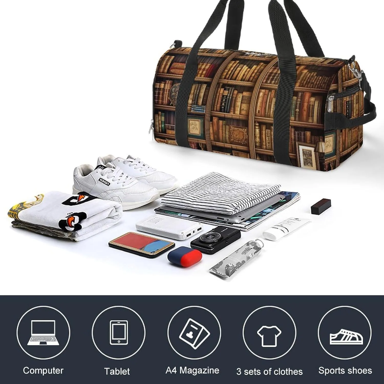 Gym Bag Library Bookshelf Book Duffel Bag for Men Women Overnight Bag with Shoe Compartment Workout Bags