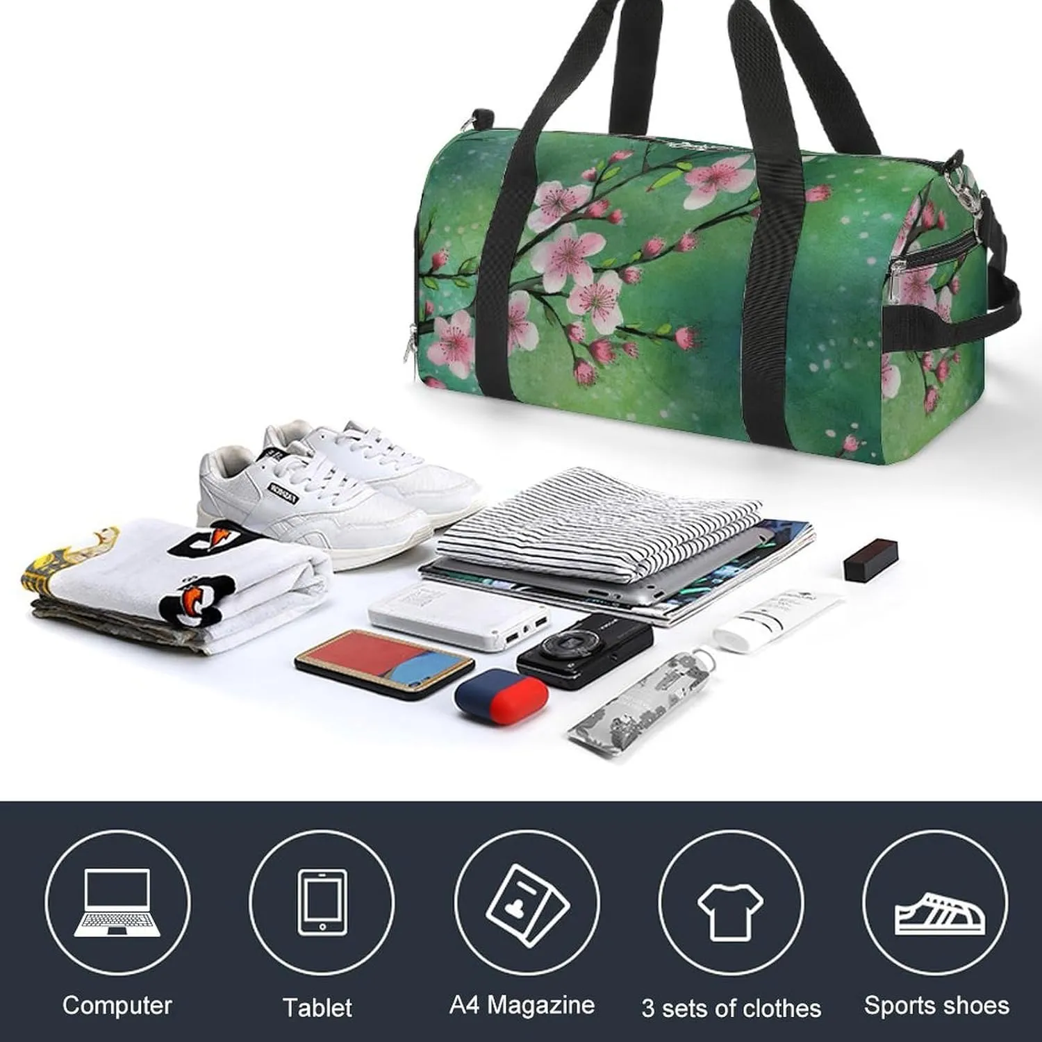 Gym Bag Peach Floral Pattern Duffel Bag for Men Women Overnight Bag with Shoe Compartment Workout Bags