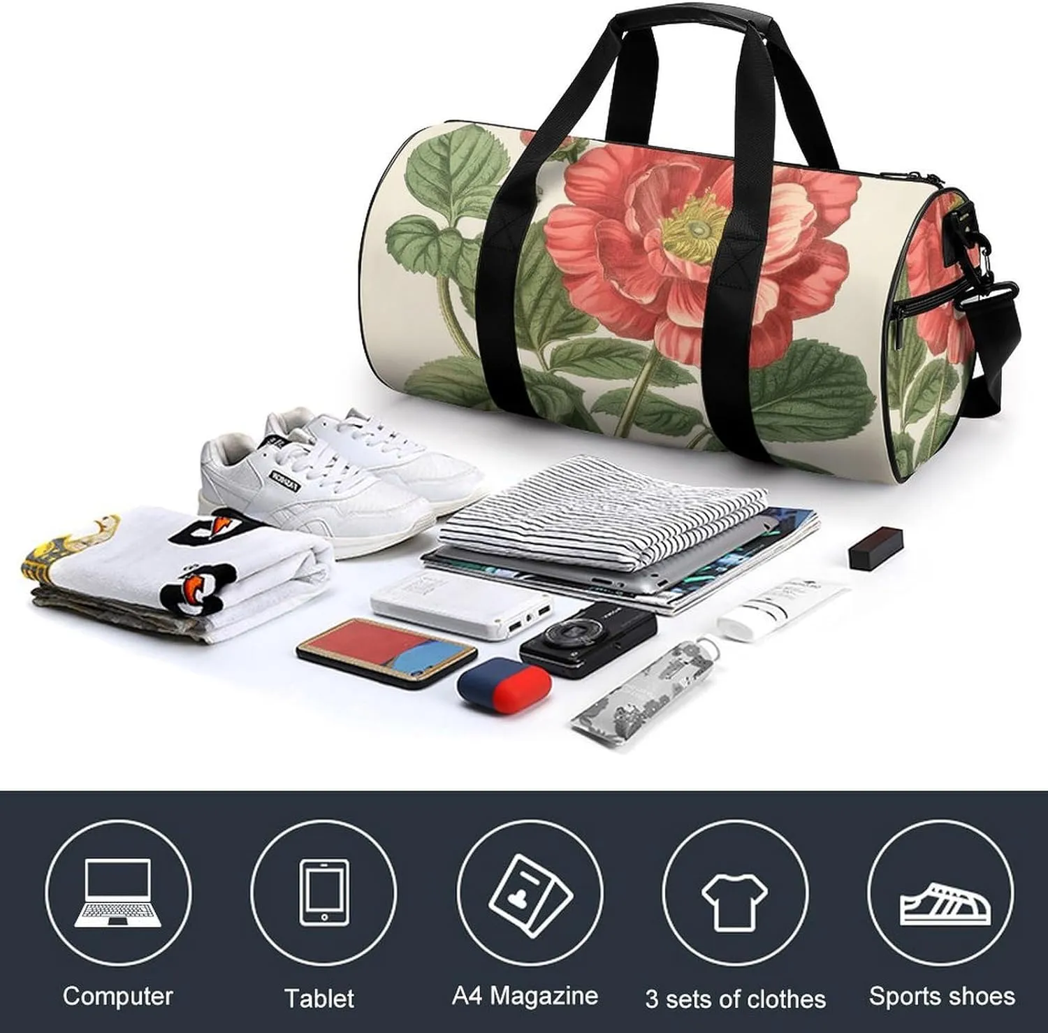 Gym Bag Peach Flowers Duffel Bag for Men Women Overnight Bag with Shoe Compartment Workout Bags