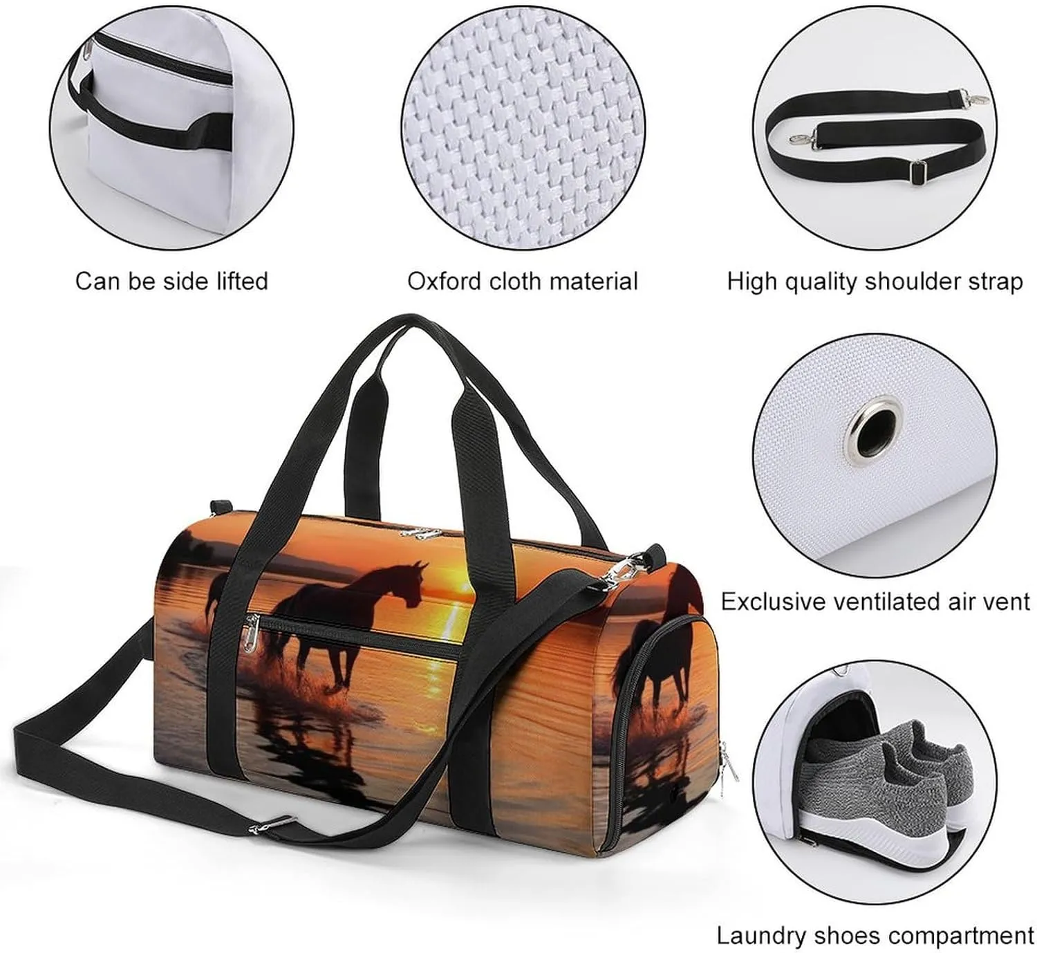Gym Bag Sunsets Lake Horses Duffel Bag for Men Women Overnight Bag with Shoe Compartment Workout Bags
